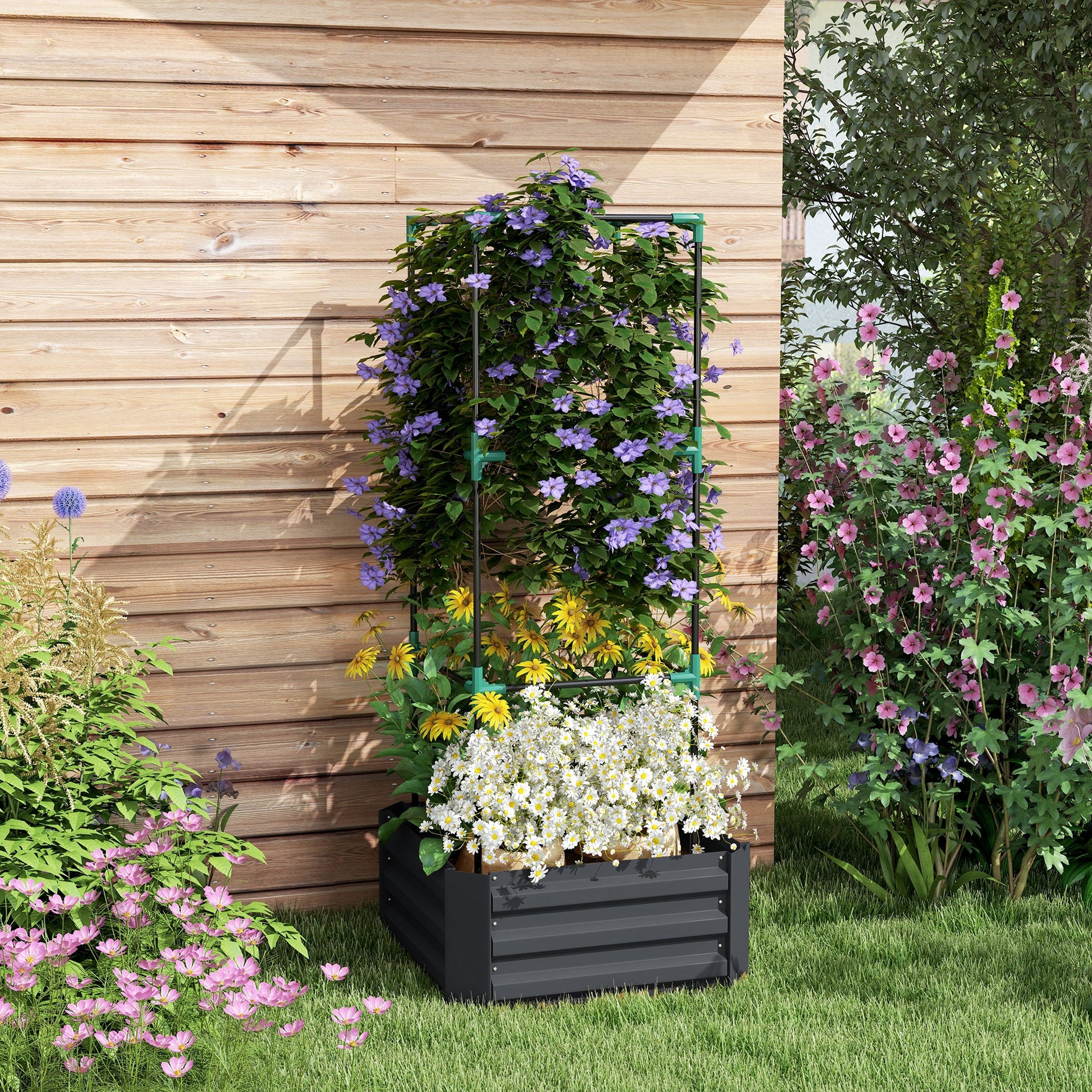 Outsunny Galvanized Planter Box, 24" x 24" x 55" Raised Garden Bed with Tomato Cage for Climbing Vines, Dark Gray