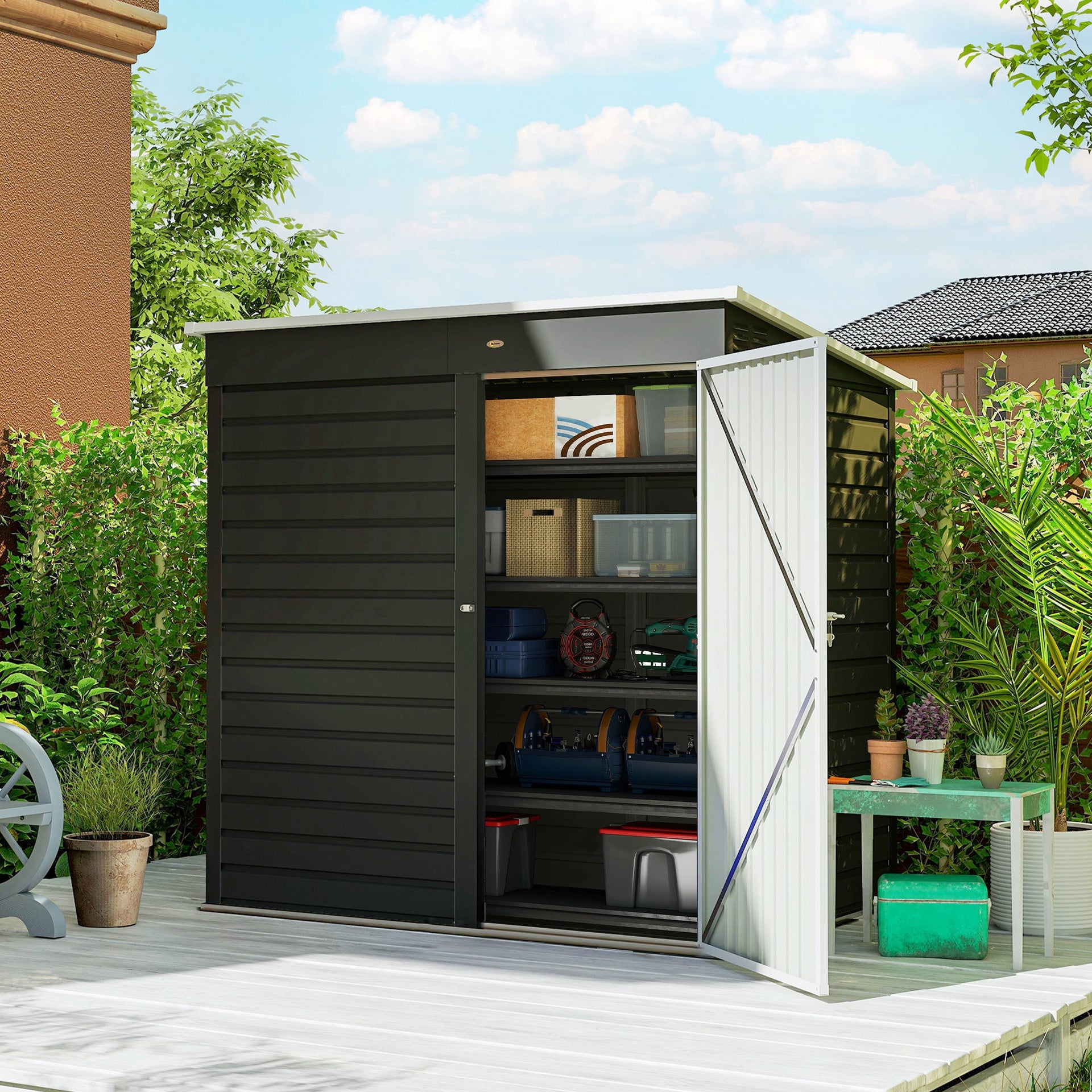 Outsunny 6' x 4' Outdoor Garden Shed, Metal Storage Shed with Lockable Door and Gloves for Backyard Garden Patio, Dark Gray