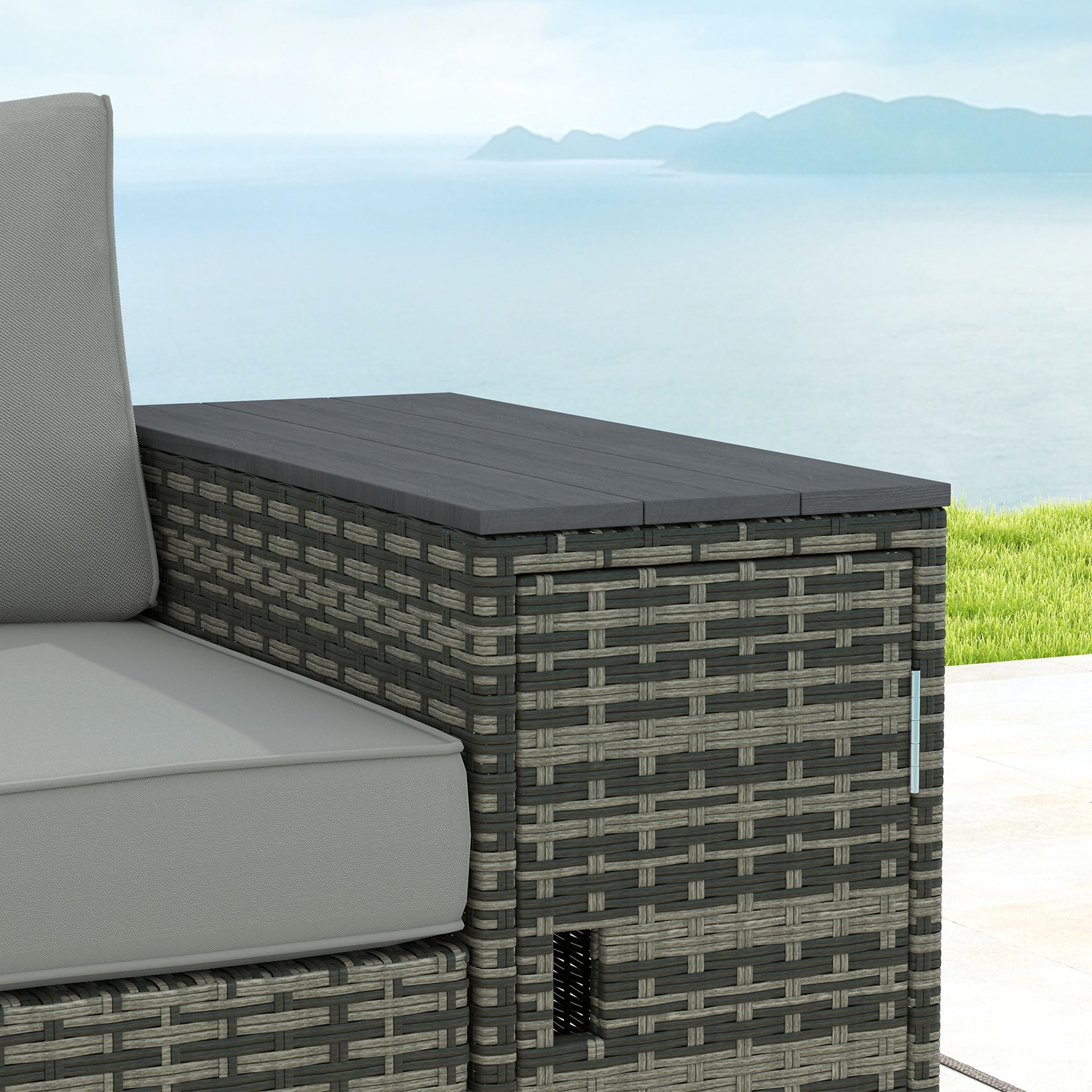 Outsunny 3 Seater Wicker Outdoor Couch Patio Sofa with Storage, Thickened Cushions and Wide Armrests for Porch Yard, Gray