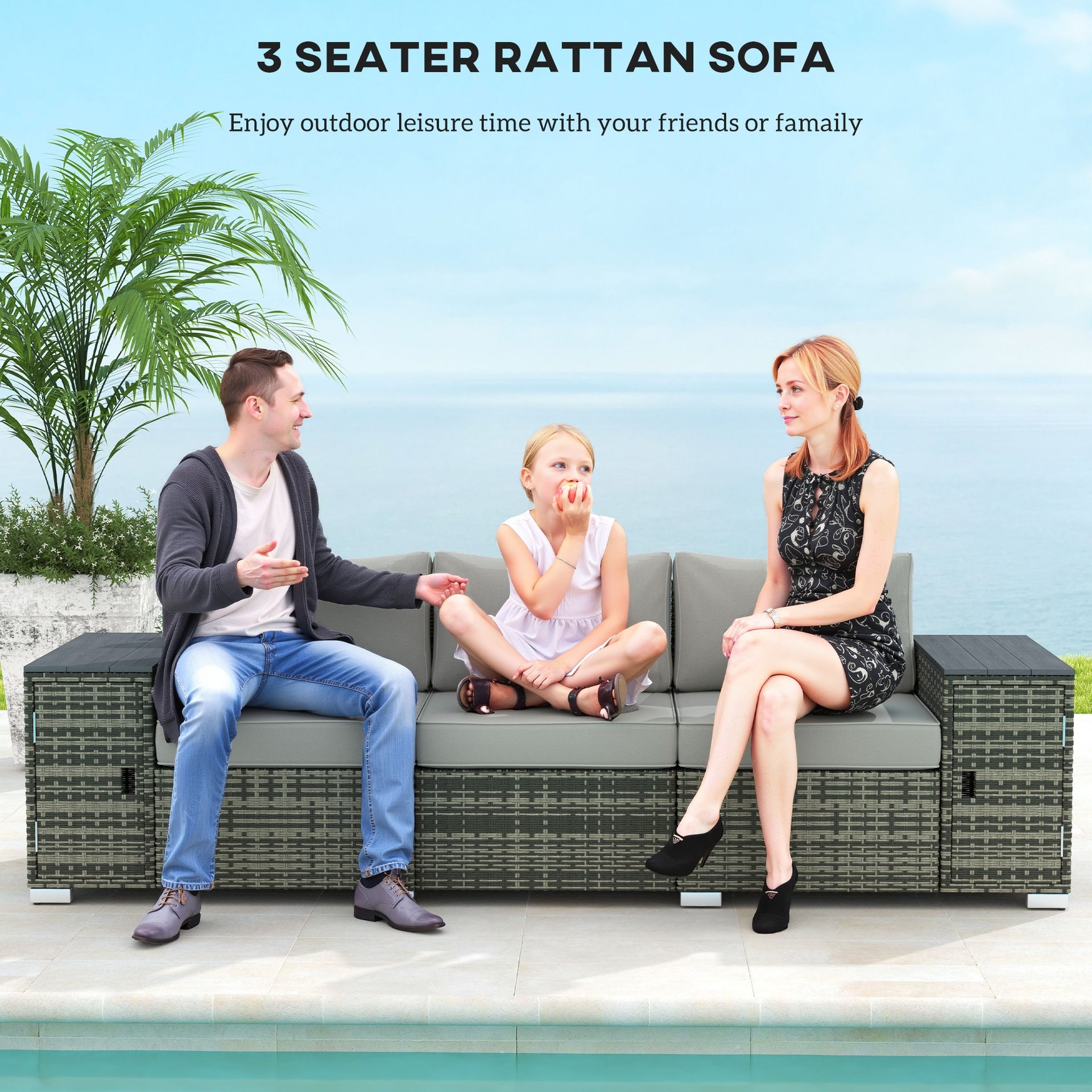 Outsunny 3 Seater Wicker Outdoor Couch Patio Sofa with Storage, Thickened Cushions and Wide Armrests for Porch Yard, Gray