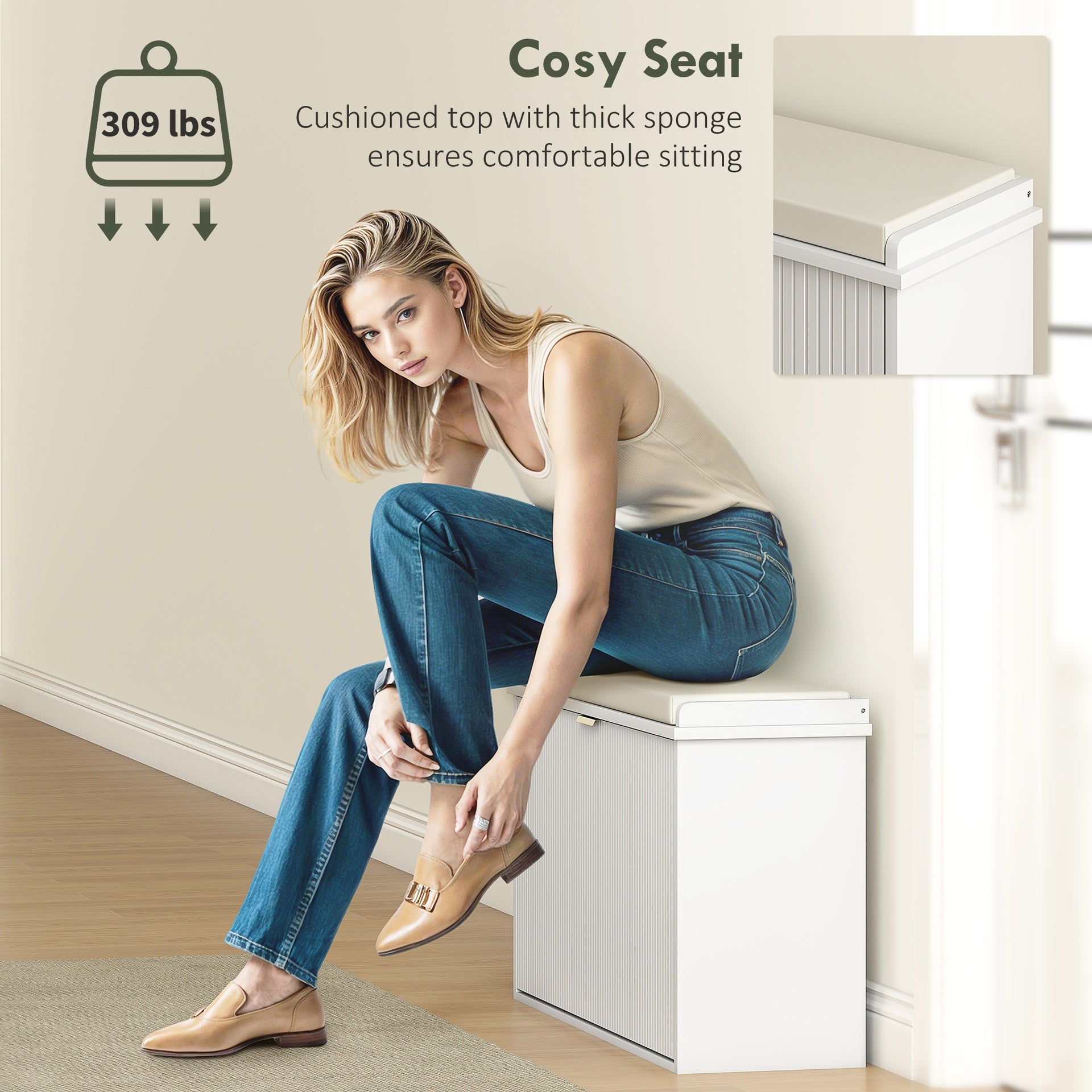 HOMCOM Shoe Storage Bench with Padded Seat Cushion and Flip-Drawer, Entryway Bench, Shoe Cabinet, 31.5x10.2x18.7 Inches, White