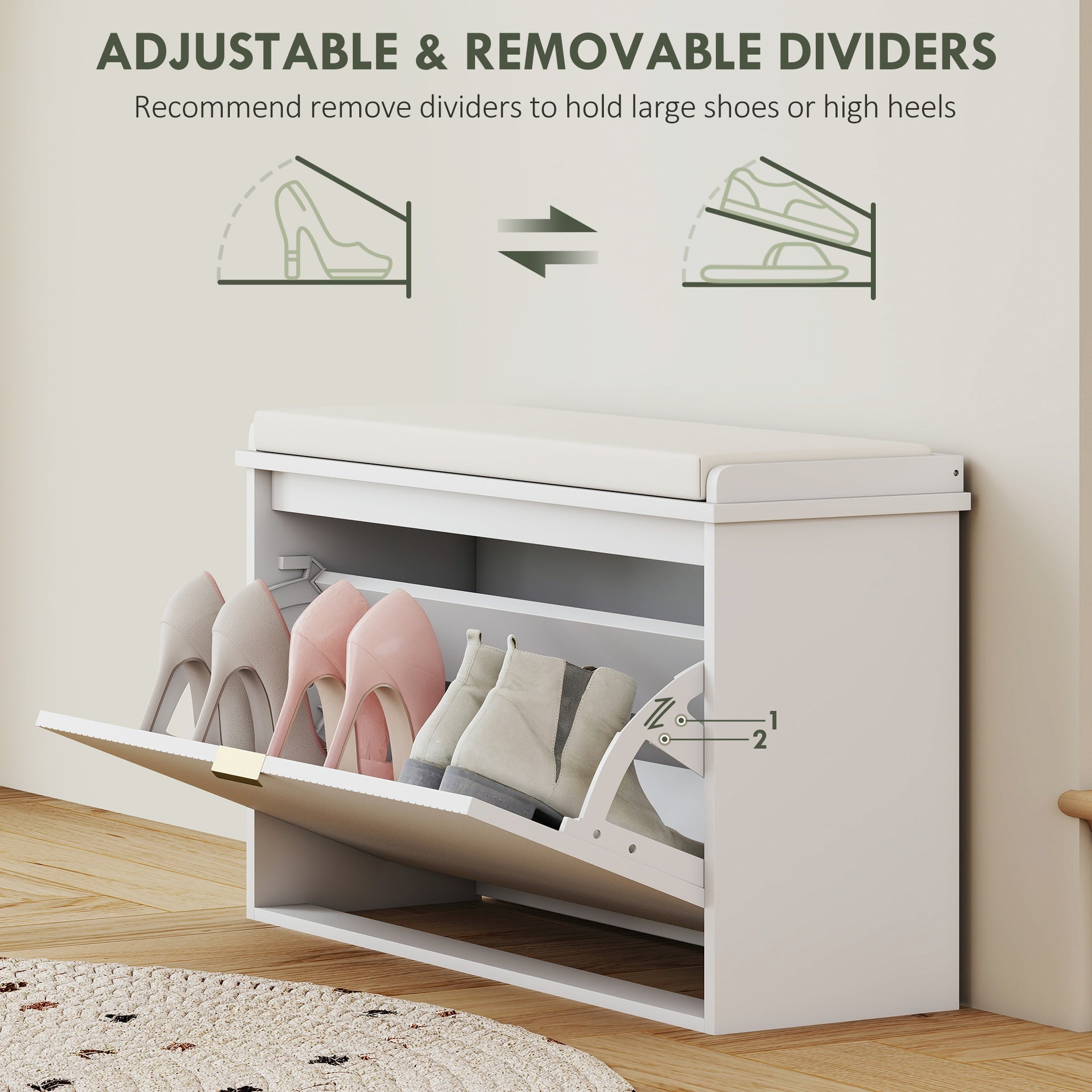 HOMCOM Shoe Storage Bench with Padded Seat Cushion and Flip-Drawer, Entryway Bench, Shoe Cabinet, 31.5x10.2x18.7 Inches, White