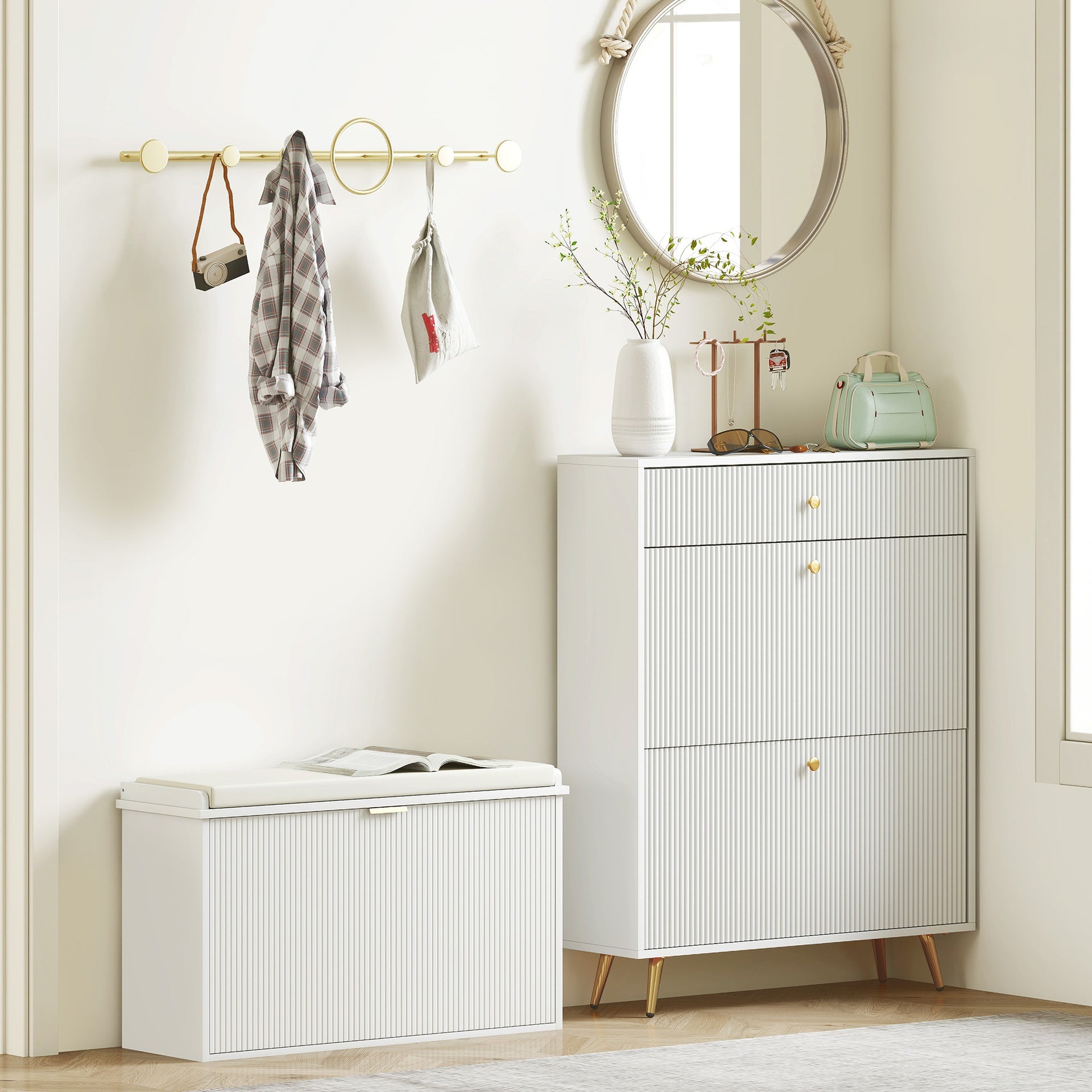 HOMCOM Shoe Storage Bench with Padded Seat Cushion and Flip-Drawer, Entryway Bench, Shoe Cabinet, 31.5x10.2x18.7 Inches, White