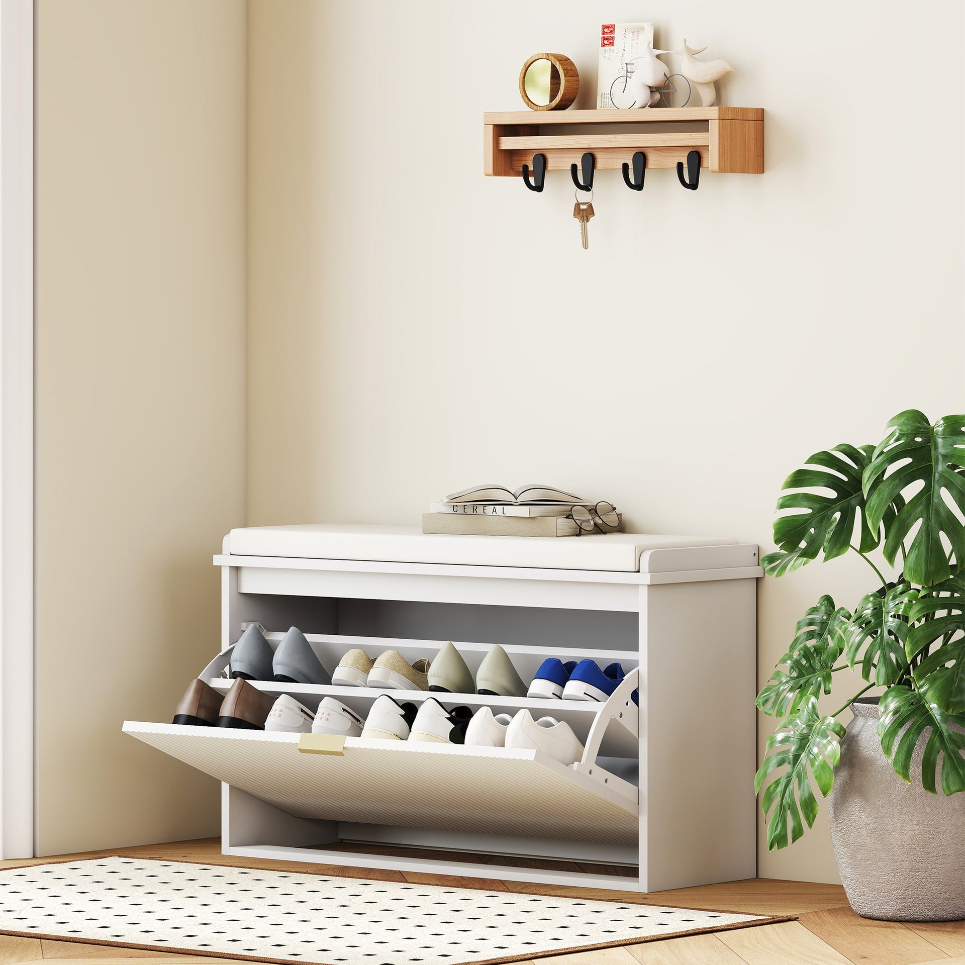 HOMCOM Shoe Storage Bench with Padded Seat Cushion and Flip-Drawer, Entryway Bench, Shoe Cabinet, 31.5x10.2x18.7 Inches, White