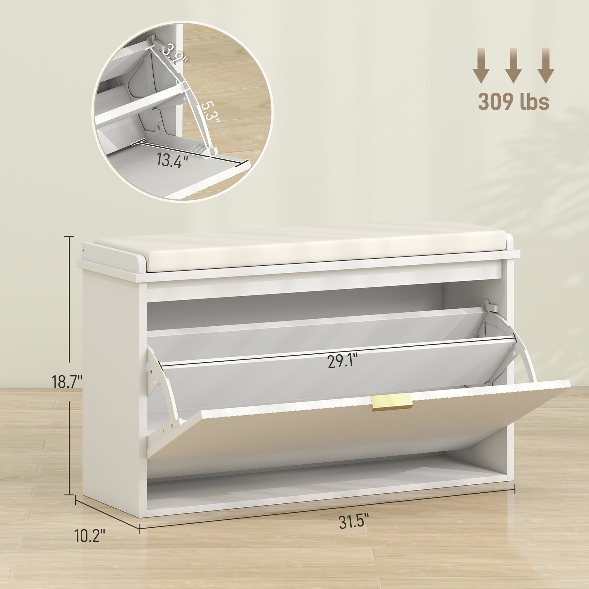 HOMCOM Shoe Storage Bench with Padded Seat Cushion and Flip-Drawer, Entryway Bench, Shoe Cabinet, 31.5x10.2x18.7 Inches, White