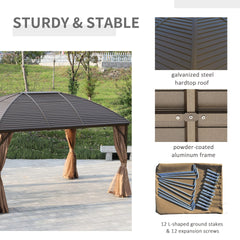 Outsunny 10' x 13' Hardtop Gazebo with Curtains, Netting, Pavilion with Steel Roof Ceiling Hook for Garden Patio, Brown
