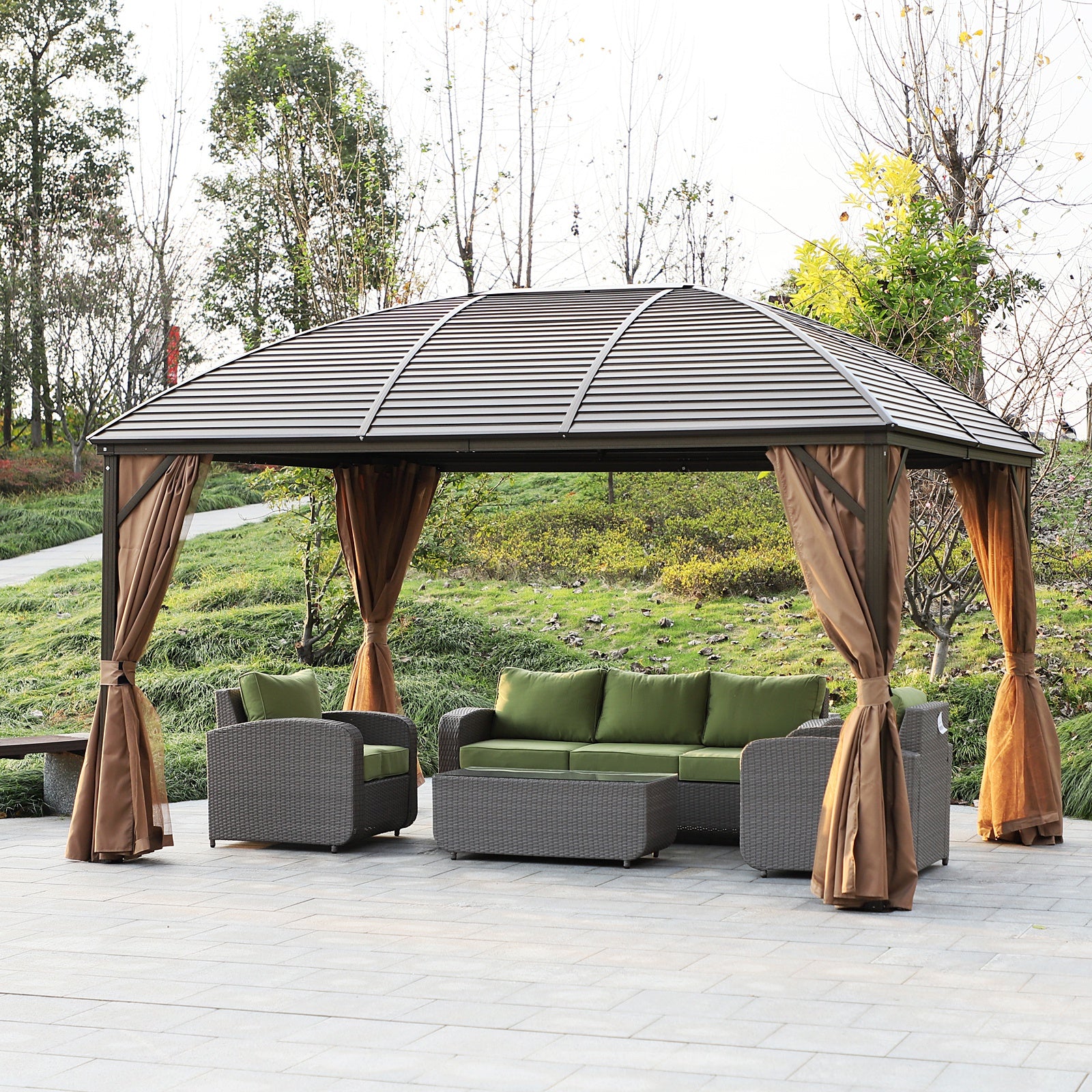 Outsunny 10' x 13' Hardtop Gazebo with Curtains, Netting, Pavilion with Steel Roof Ceiling Hook for Garden Patio, Brown