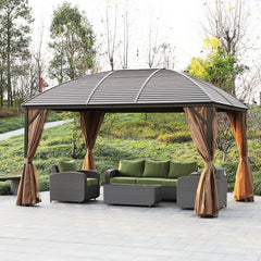 Outsunny 10' x 13' Hardtop Gazebo with Curtains, Netting, Pavilion with Steel Roof Ceiling Hook for Garden Patio, Brown