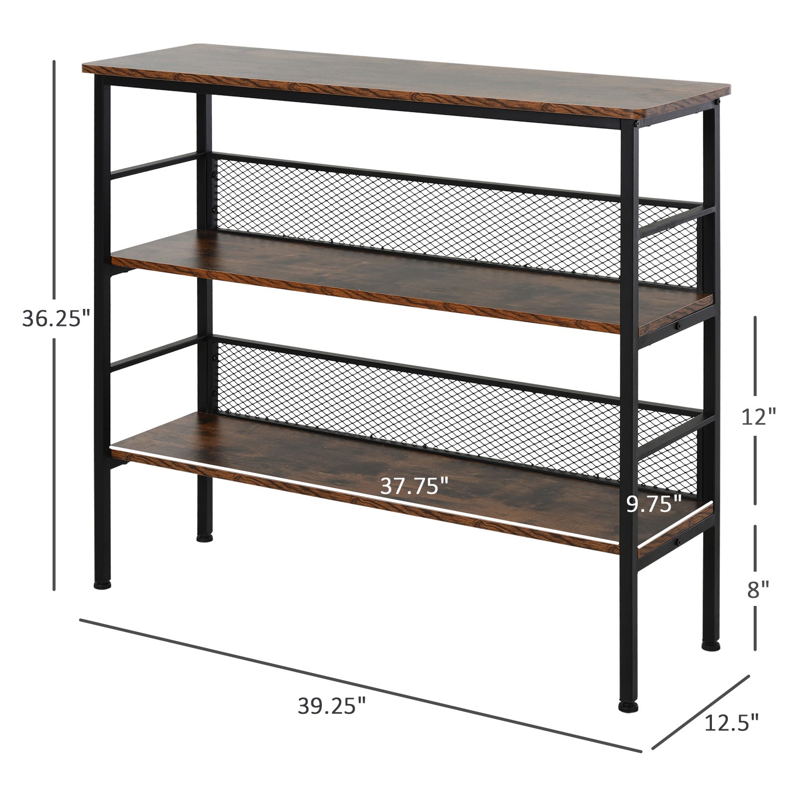 HOMCOM 3-Tier Console Table Industrial Style Storage Metal Wooden Shelf with a Robust Multi-Functional Design & Adjustable Feet, Black