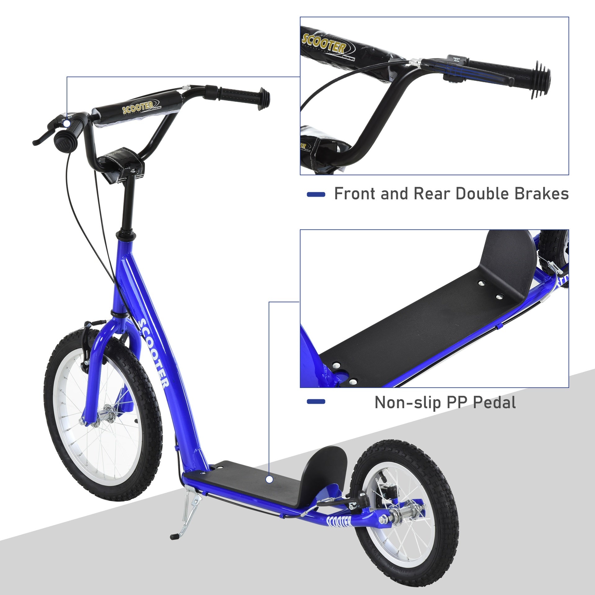 Aosom Youth Scooter Kick Scooter for Kids 5+ with Adjustable Handlebar 16" Front and 12" Rear Dual Brakes Inflatable Wheels, Blue