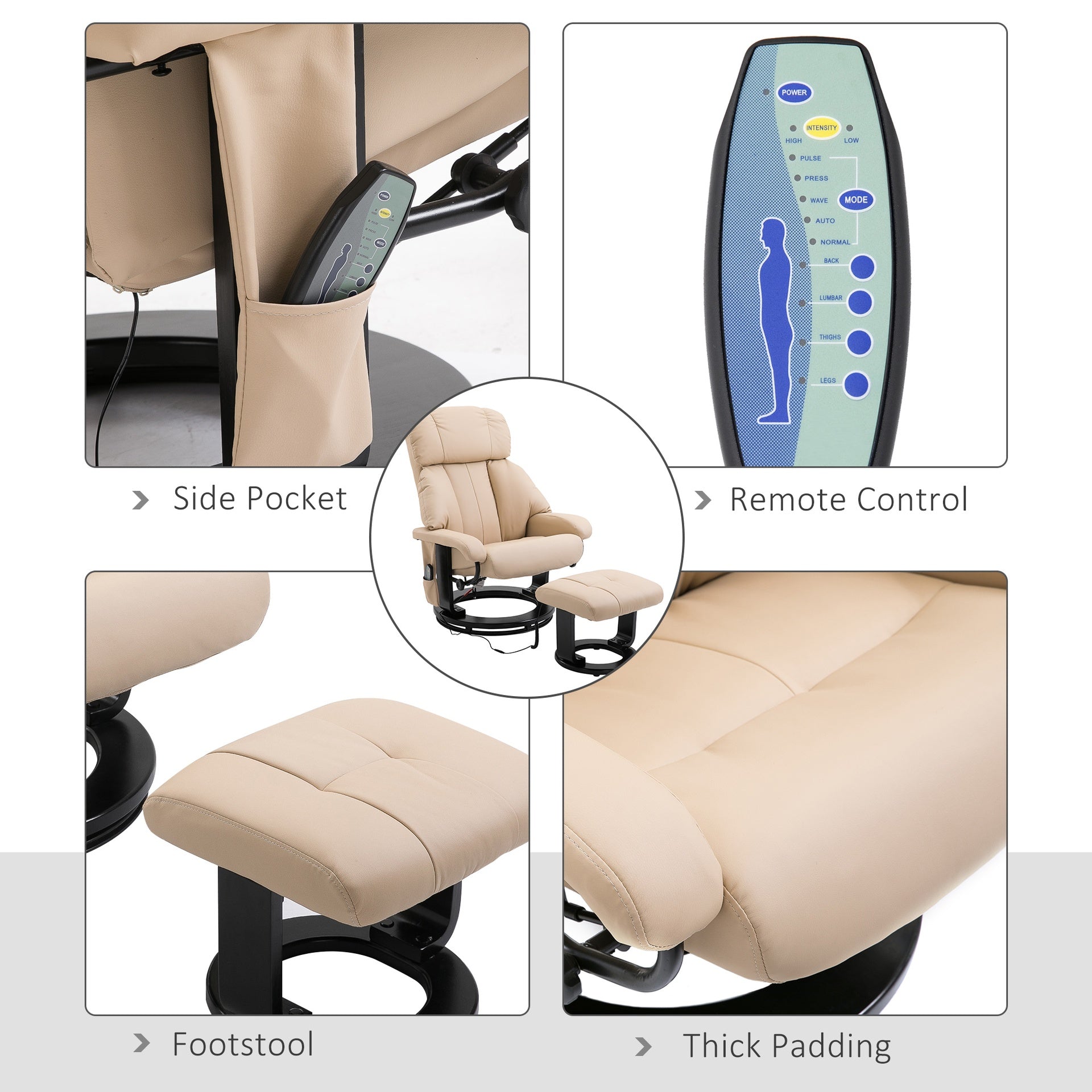 HOMCOM 10-Point Massage Recliner Chair, Vibration Massage Sofa with Ottoman Footrest, Faux Leather and Swivel Wood Base for Living Room & Bedroom, Beige