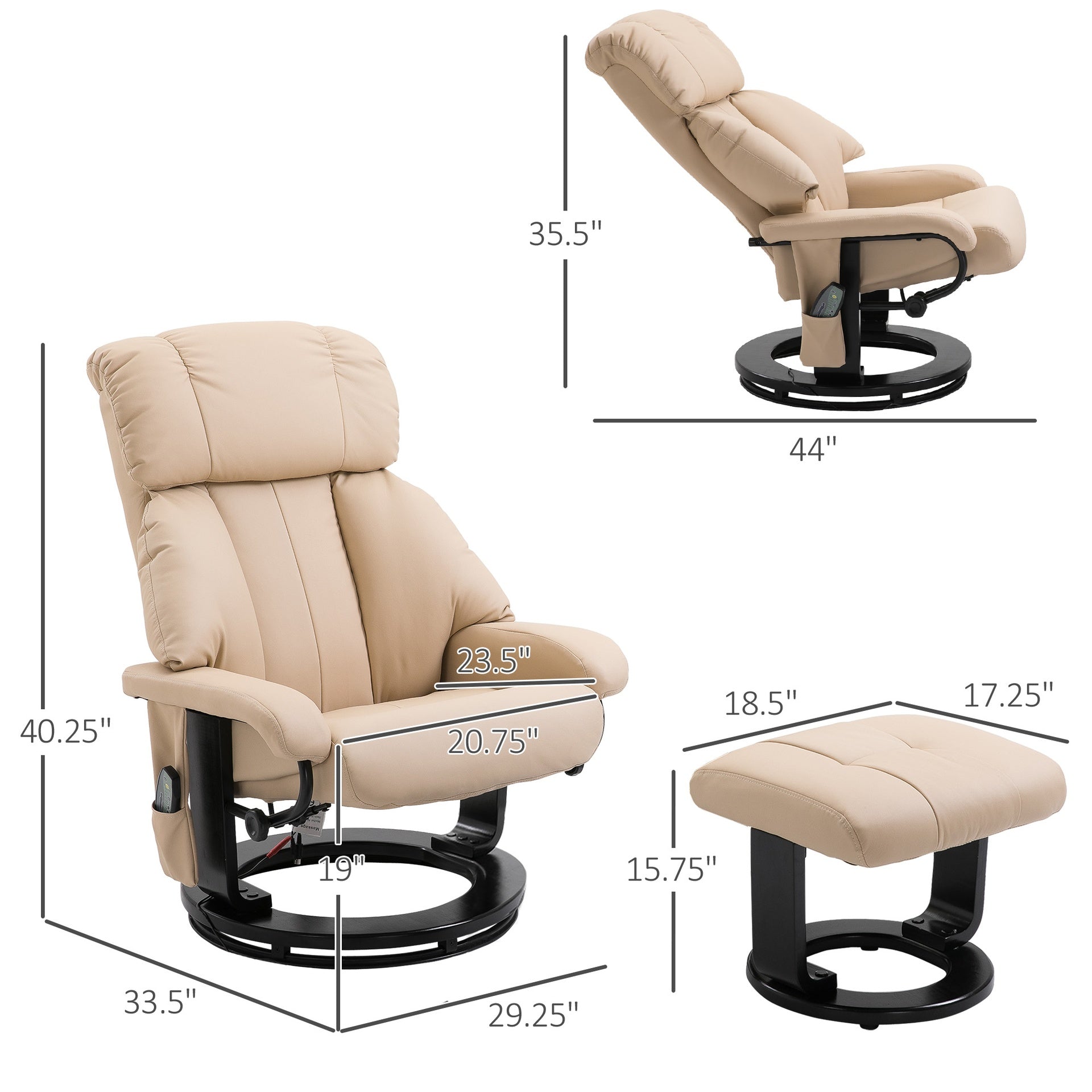 HOMCOM 10-Point Massage Recliner Chair, Vibration Massage Sofa with Ottoman Footrest, Faux Leather and Swivel Wood Base for Living Room & Bedroom, Beige