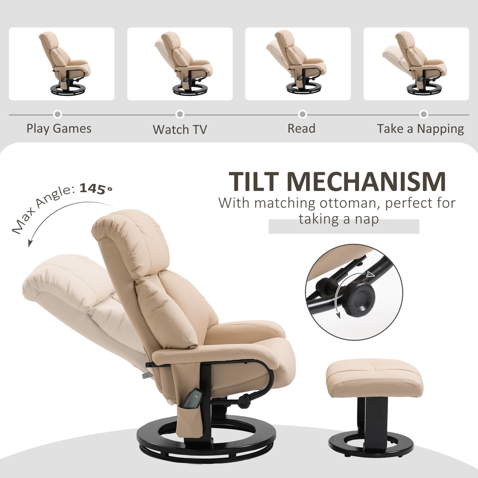 HOMCOM 10-Point Massage Recliner Chair, Vibration Massage Sofa with Ottoman Footrest, Faux Leather and Swivel Wood Base for Living Room & Bedroom, Beige