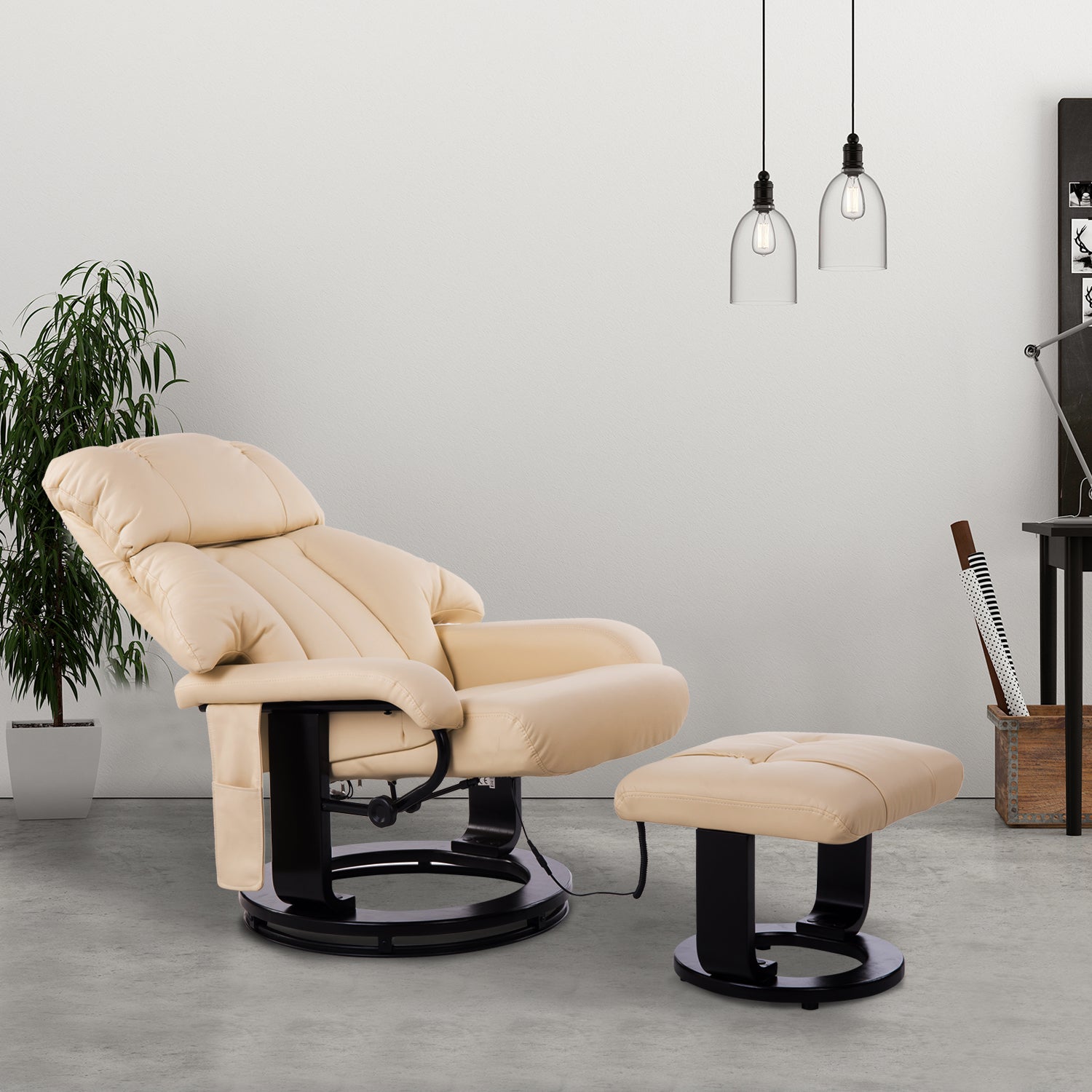 HOMCOM 10-Point Massage Recliner Chair, Vibration Massage Sofa with Ottoman Footrest, Faux Leather and Swivel Wood Base for Living Room & Bedroom, Beige