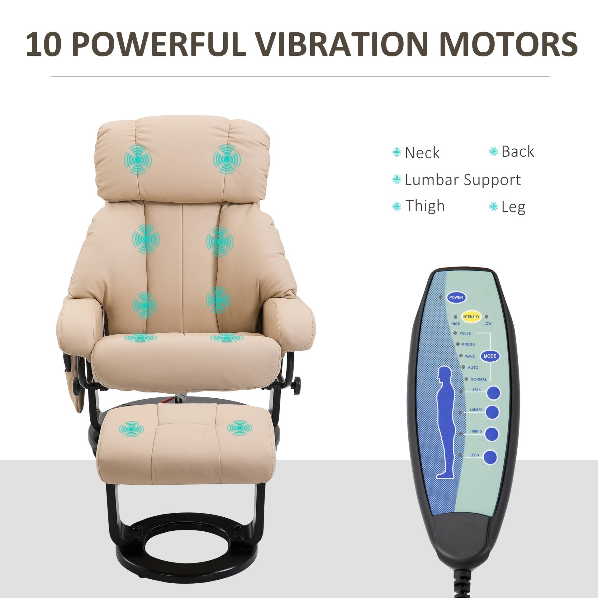 HOMCOM 10-Point Massage Recliner Chair, Vibration Massage Sofa with Ottoman Footrest, Faux Leather and Swivel Wood Base for Living Room & Bedroom, Beige