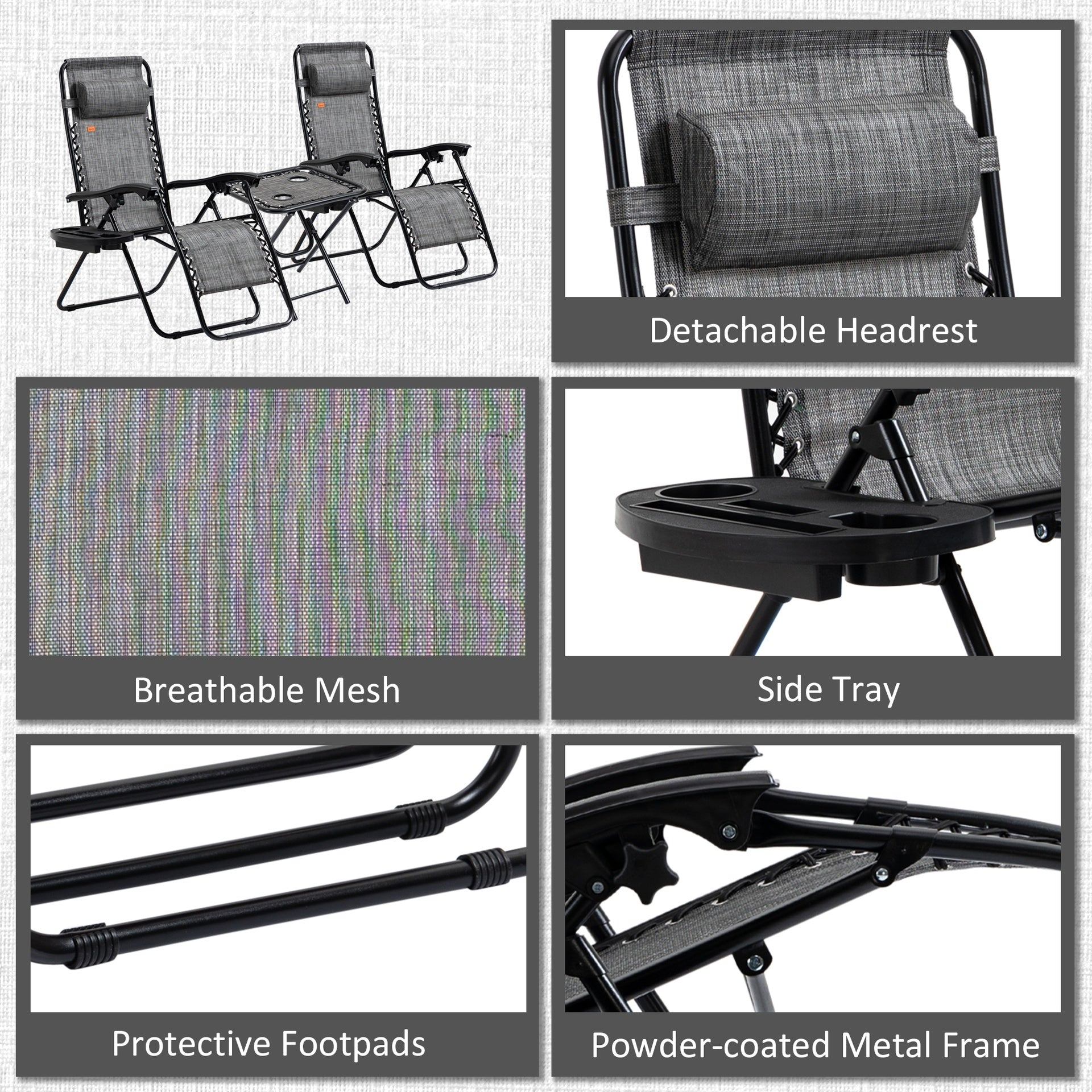 Outsunny Zero Gravity Chair Set with Side Table, Folding Reclining Chair with Cupholders & Pillows, Adjustable Lounge Chairs for Pool, Backyard, Lawn, Beach, Gray