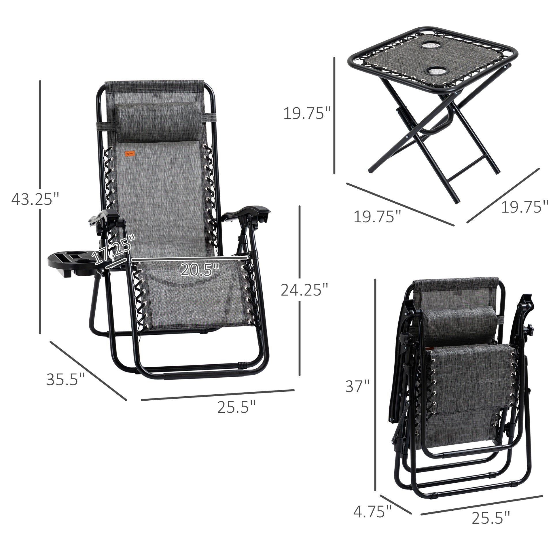 Outsunny Zero Gravity Chair Set with Side Table, Folding Reclining Chair with Cupholders & Pillows, Adjustable Lounge Chairs for Pool, Backyard, Lawn, Beach, Gray