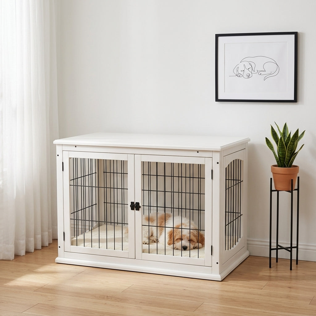 PawHut Dog Crate Furniture, 32" Small Dog Cage End Table with 2 Doors, Lockable Door, Puppy Kennel Indoor, White