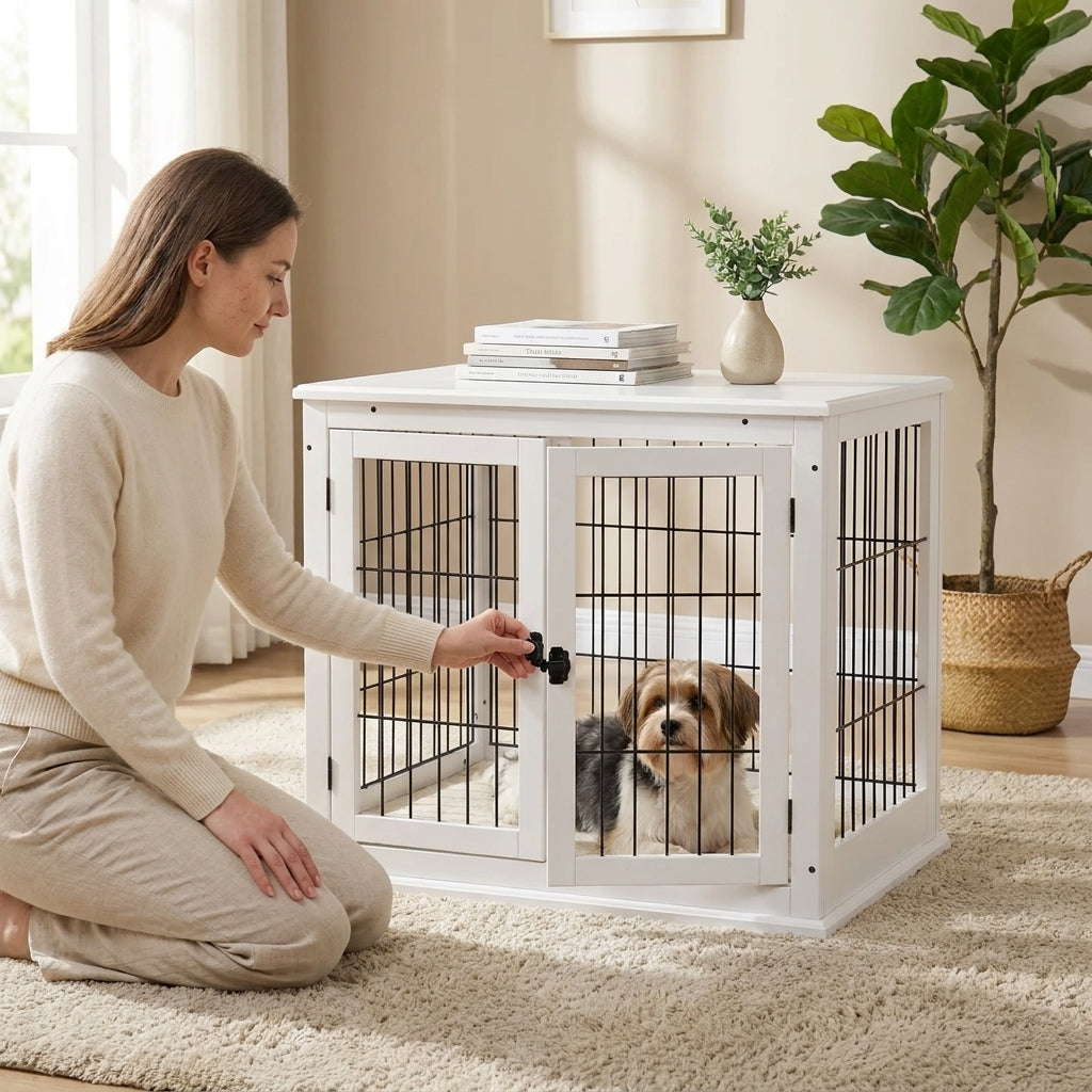 PawHut Dog Crate Furniture, 32" Small Dog Cage End Table with 2 Doors, Lockable Door, Puppy Kennel Indoor, White
