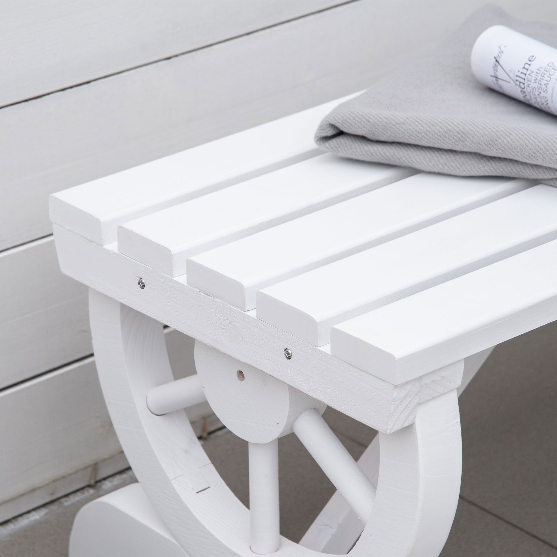 Outsunny 2-Person Wooden Garden Bench, Outdoor Wagon Wheel Porch Bench for Backyard Garden, Support 550 LBS, Rustic Country Style Patio Furniture, White