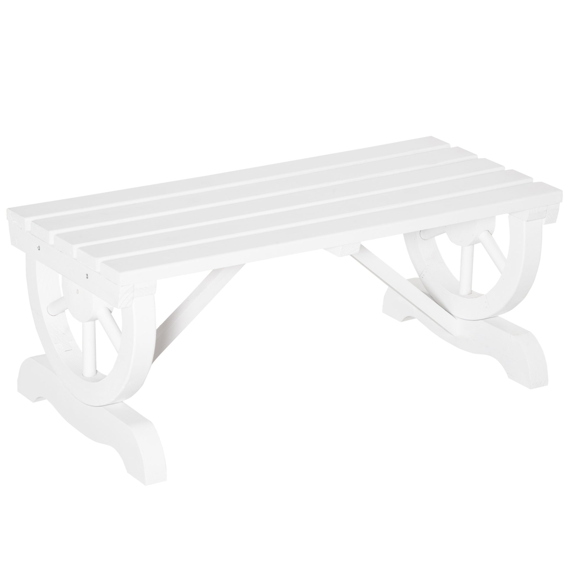 Outsunny 2-Person Wooden Garden Bench, Outdoor Wagon Wheel Porch Bench for Backyard Garden, Support 550 LBS, Rustic Country Style Patio Furniture, White