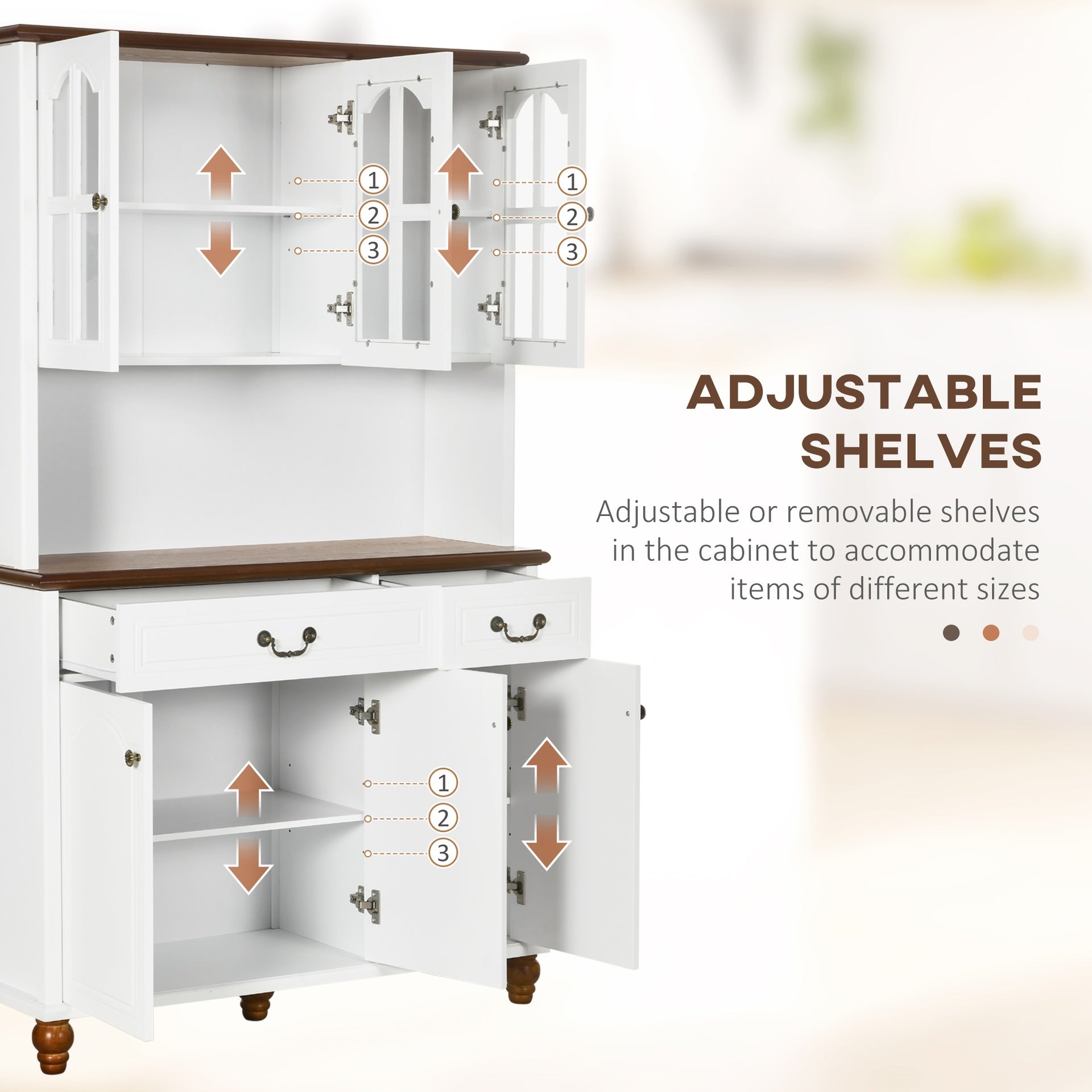 HOMCOM Kitchen Buffet with Hutch, Freestanding Pantry Cabinet with 6 Doors, 2 Drawers and 3-Level Adjustable Shelves, White