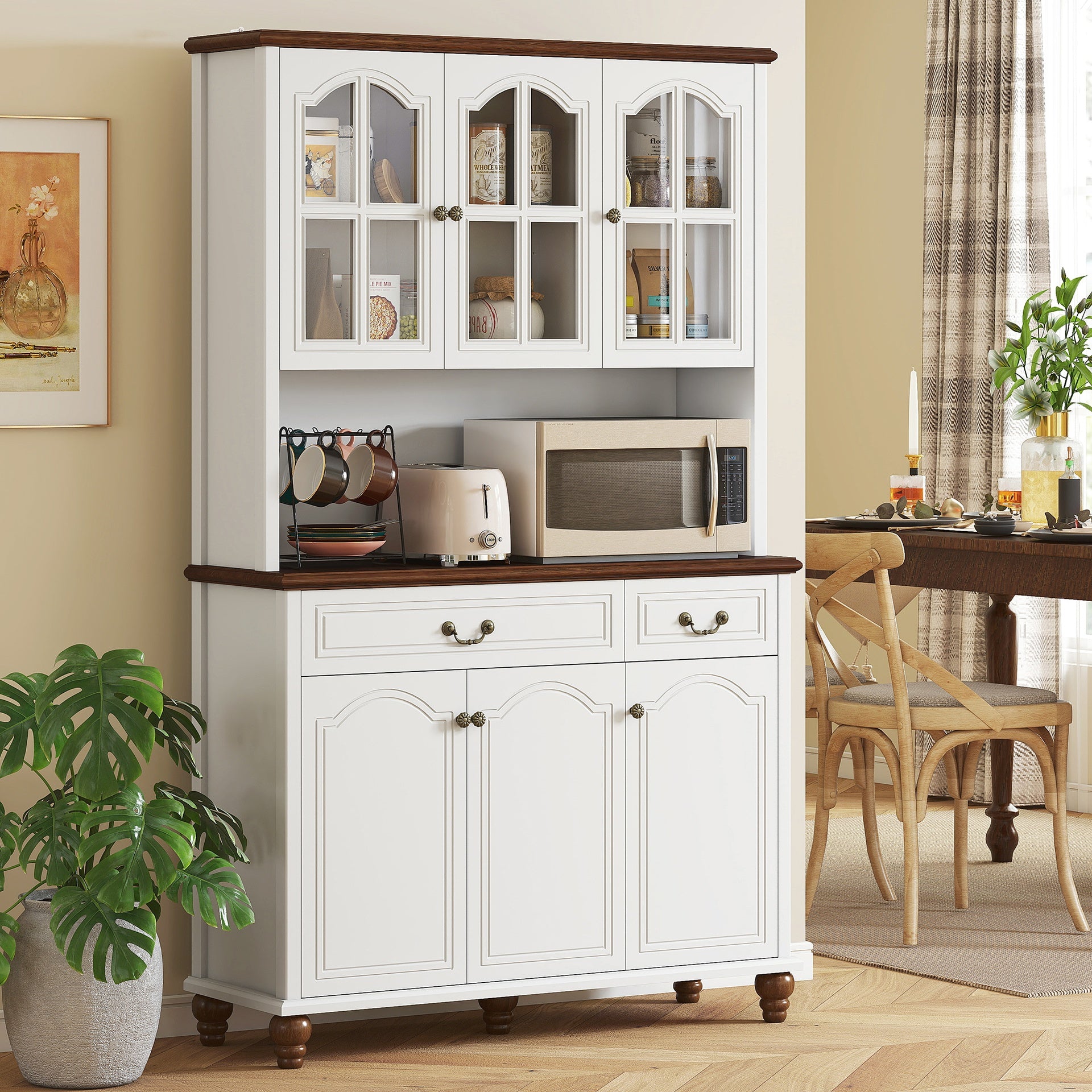 HOMCOM Kitchen Buffet with Hutch, Freestanding Pantry Cabinet with 6 Doors, 2 Drawers and 3-Level Adjustable Shelves, White