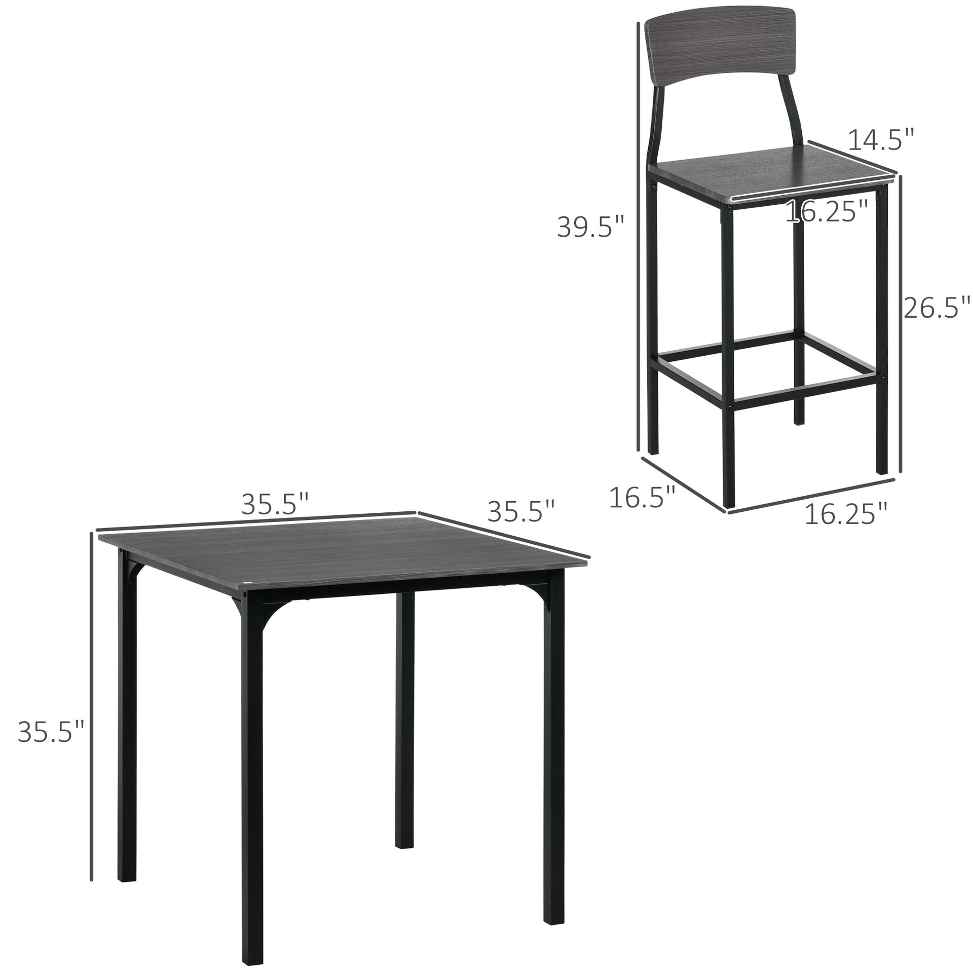 HOMCOM 5-Piece Counter Height Bar Table with Space-Saving Design, Square Kitchen Table and Chairs Set with Footrest, Metal Legs, Industrial Dining Table Set for 4, Gray