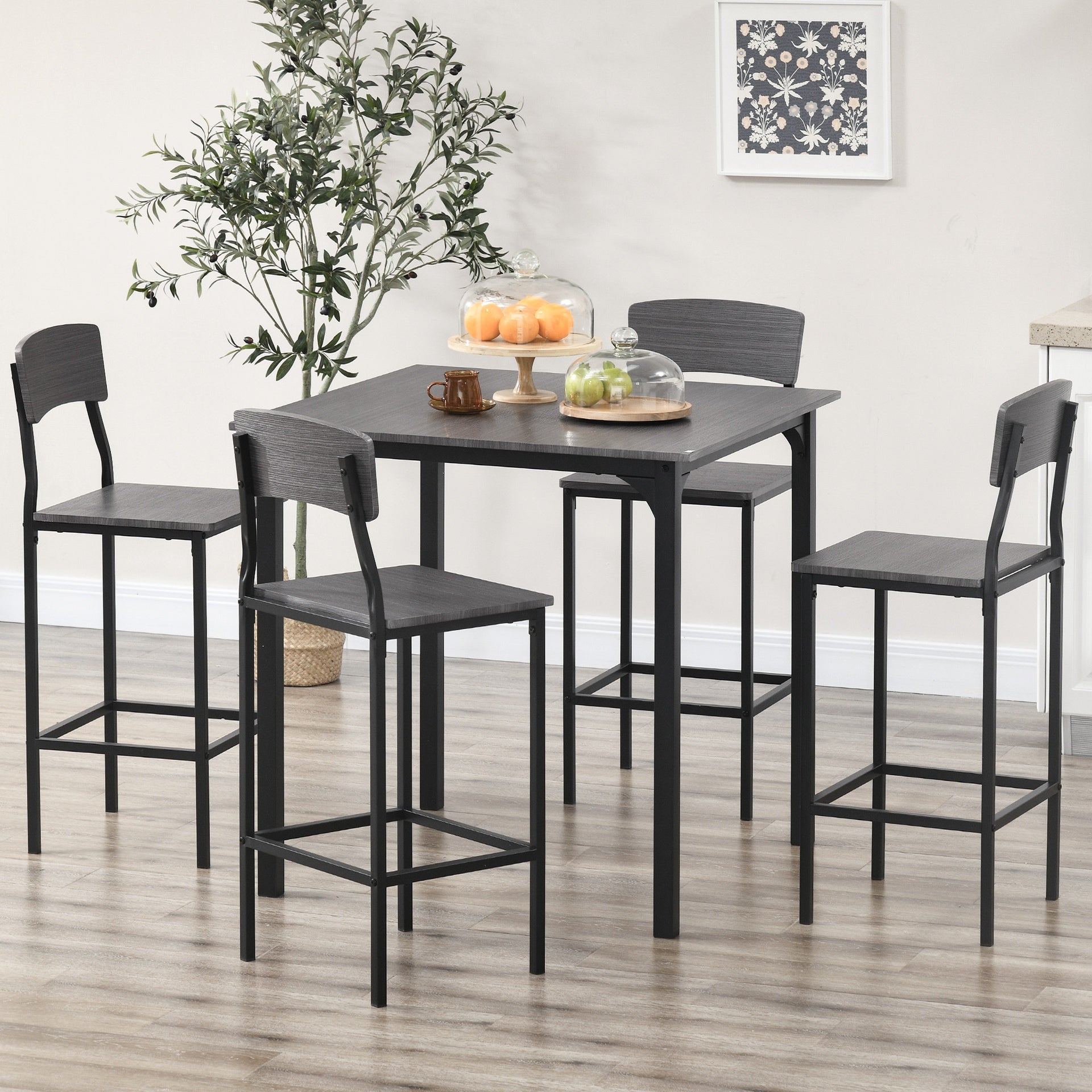 HOMCOM 5-Piece Counter Height Bar Table with Space-Saving Design, Square Kitchen Table and Chairs Set with Footrest, Metal Legs, Industrial Dining Table Set for 4, Gray