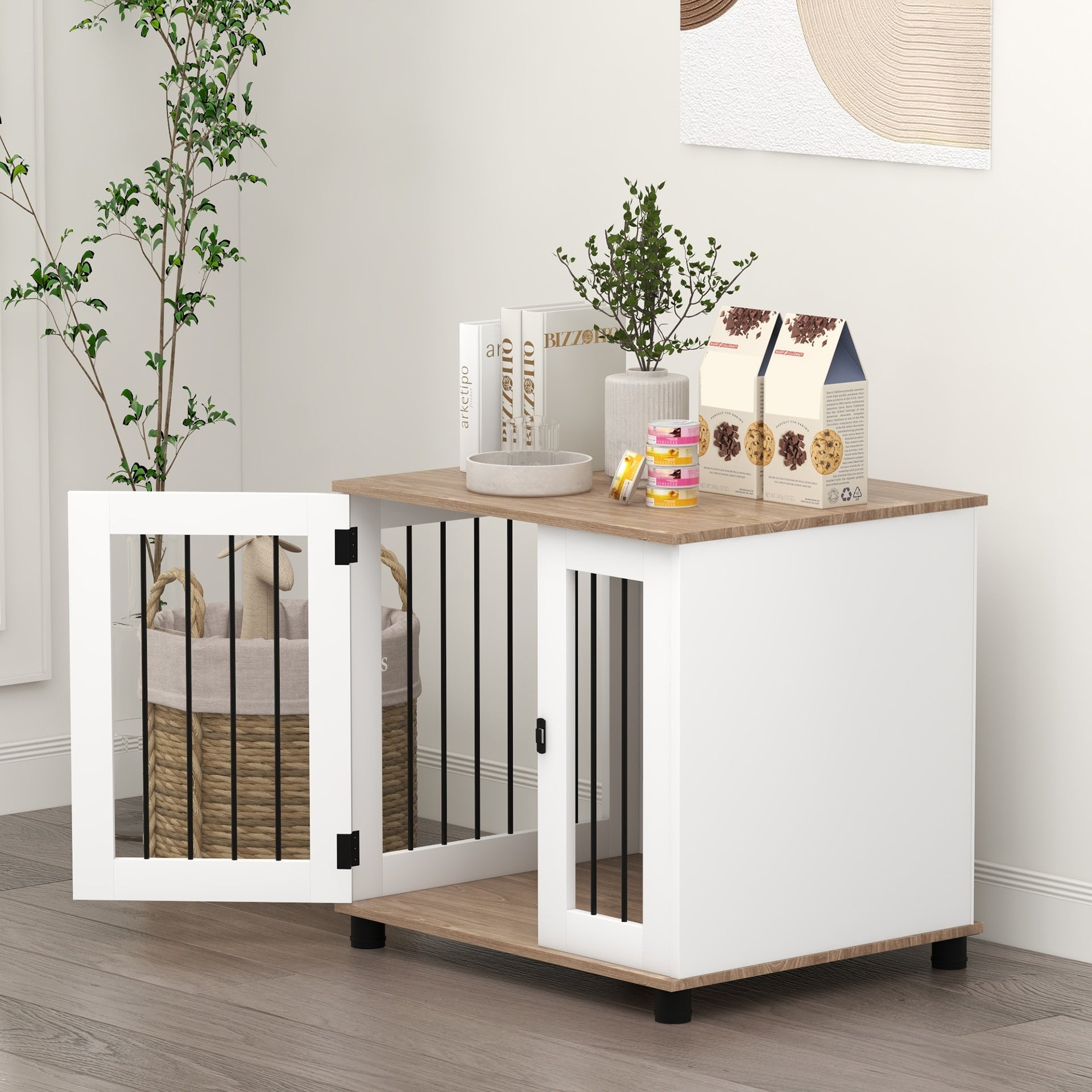 PawHut Dog Kennel Furniture Side End Table Indoor with Lockable Door, for Small and Medium Dogs, Walnut Brown
