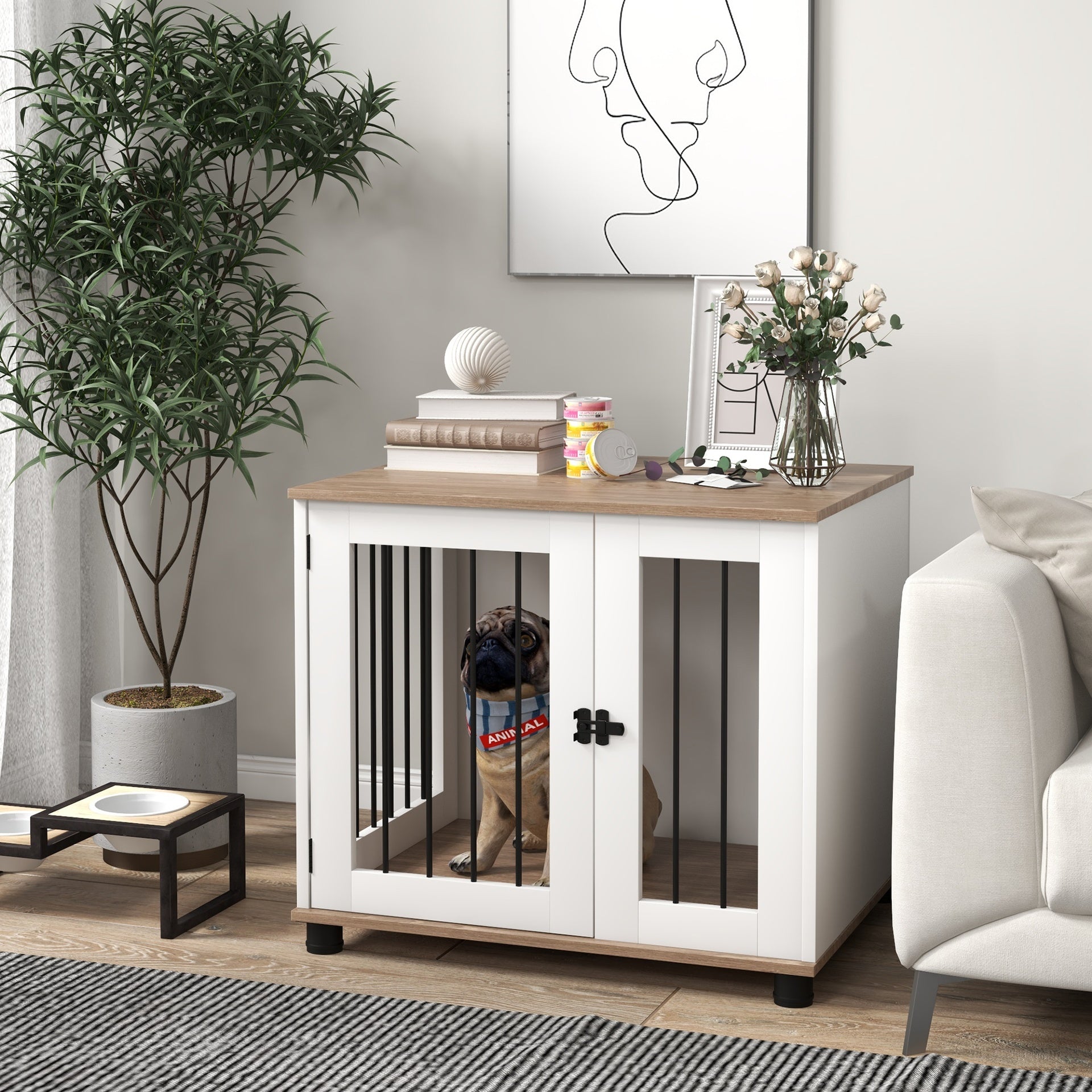 PawHut Dog Kennel Furniture Side End Table Indoor with Lockable Door, for Small and Medium Dogs, Walnut Brown