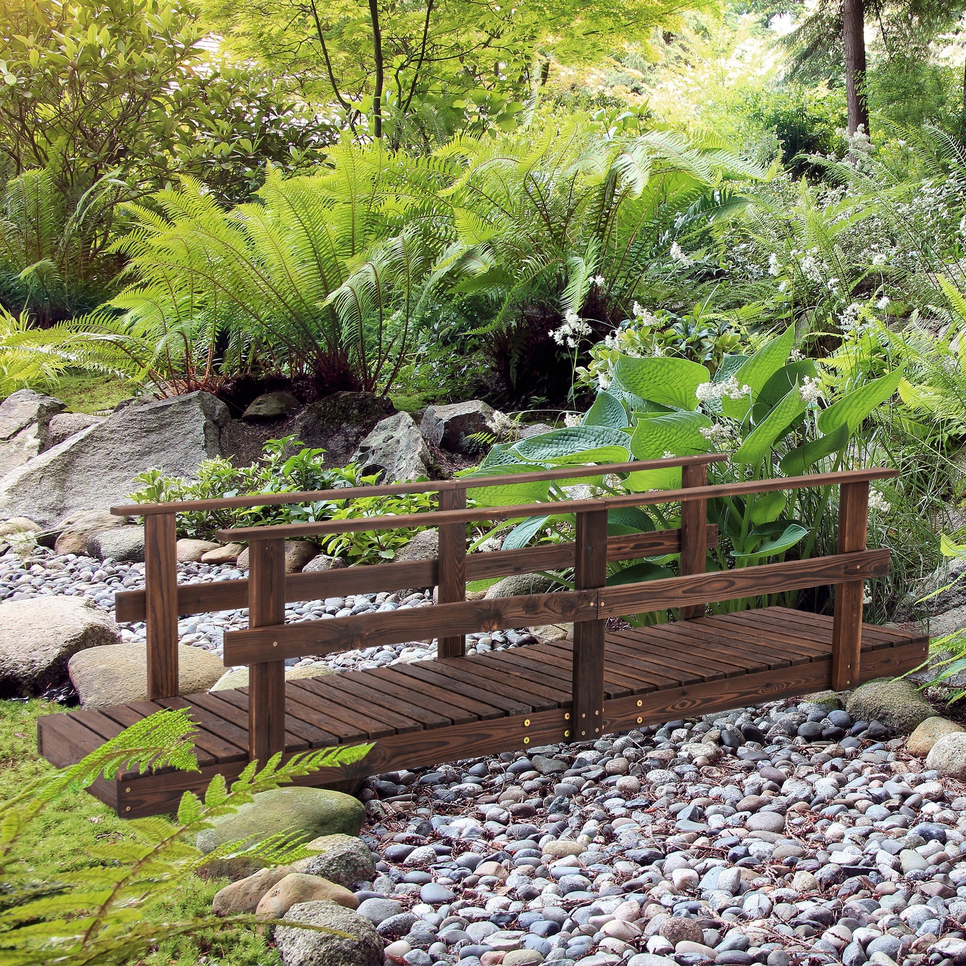 Outsunny 7' Garden Bridge with Pine Wood and Stained Finish for Backyard Ponds Creeks Streams Wood
