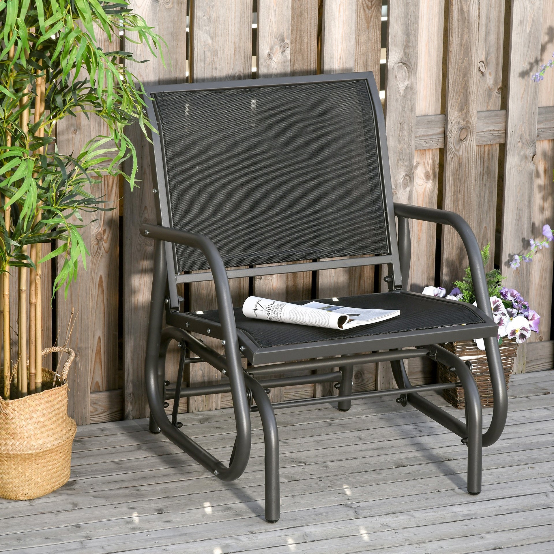 Outsunny Outdoor Glider Chair, Steel Swing Chai with Curved Armrests for Porch, Garden, Poolside, Balcony, Black
