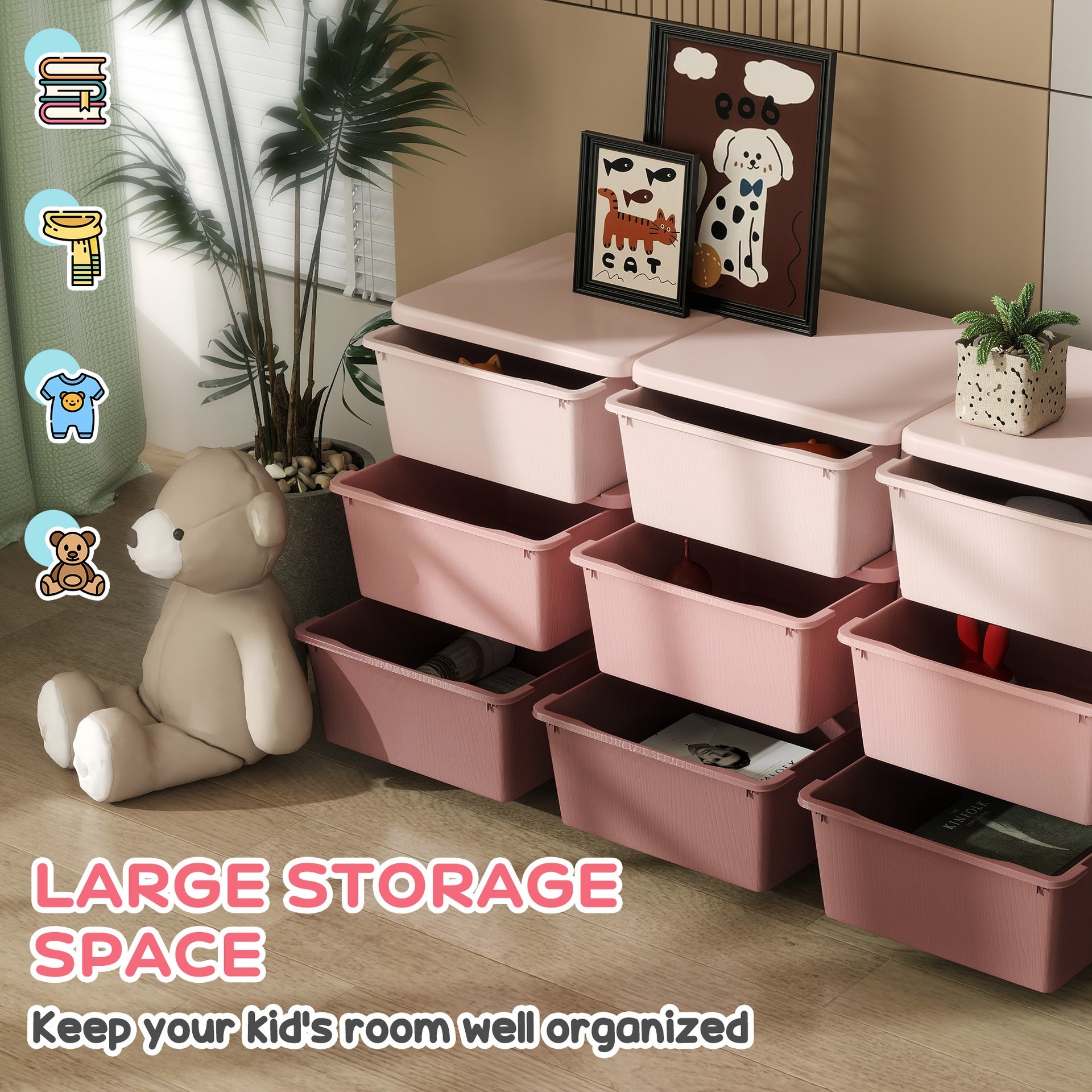 Qaba 29.5" 3 Tier Kids Storage Unit Dresser Tower w/ 9 Drawers, Pink