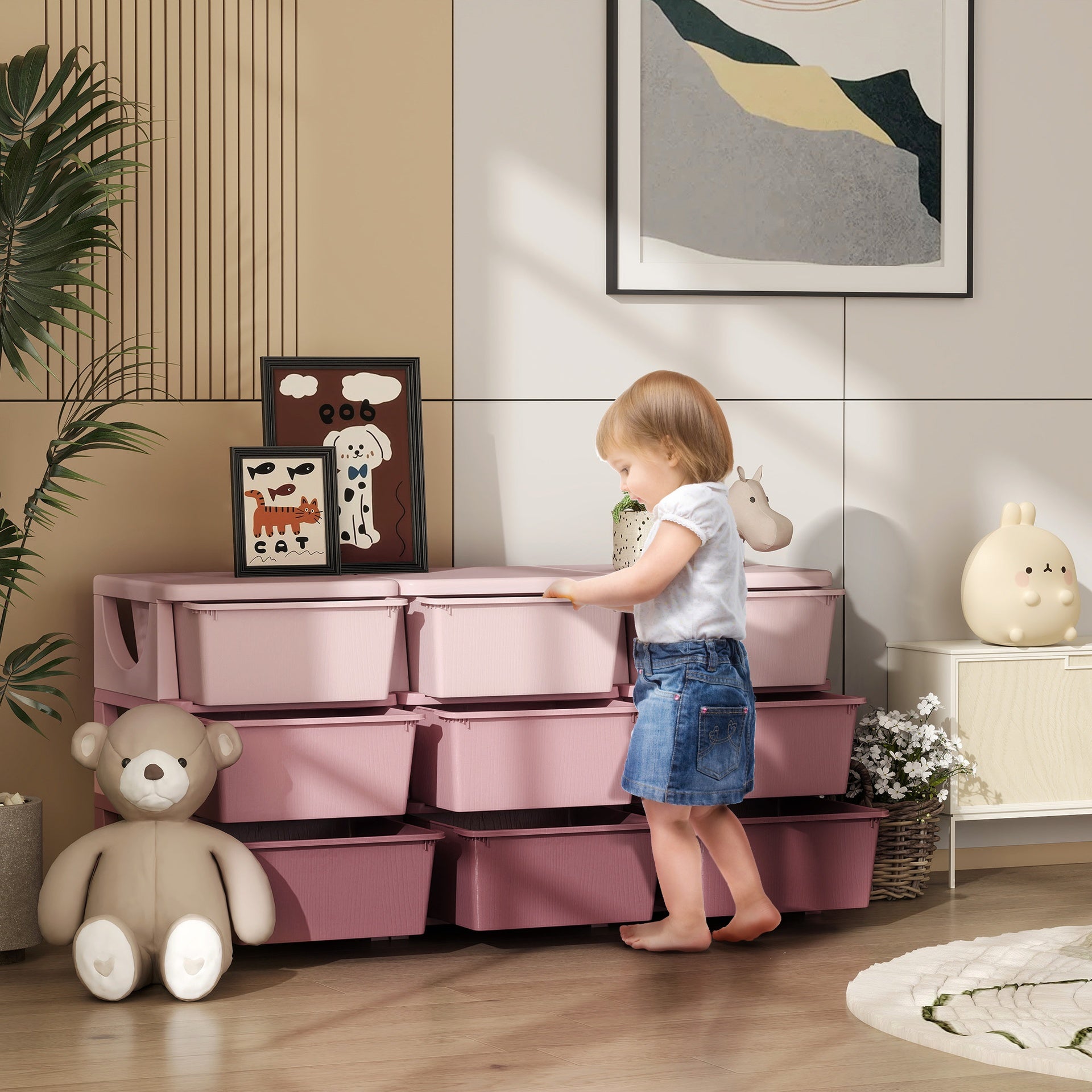 Qaba 29.5" 3 Tier Kids Storage Unit Dresser Tower w/ 9 Drawers, Pink