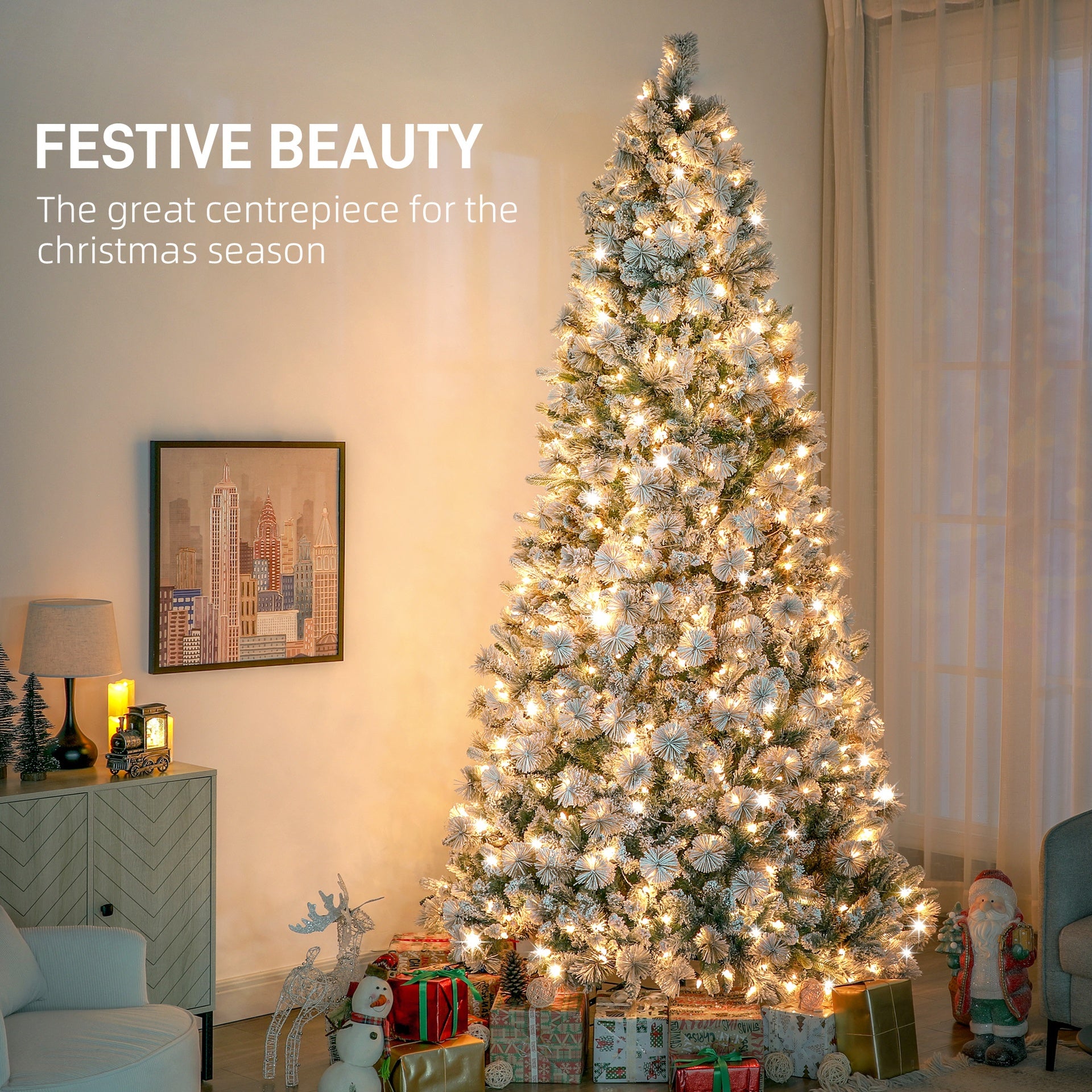 HOMCOM 9 ft Prelit Flocked Artificial Christmas Tree with 750 Clear Lights, 2387 Tips, Metal Stand for Home Office Holiday