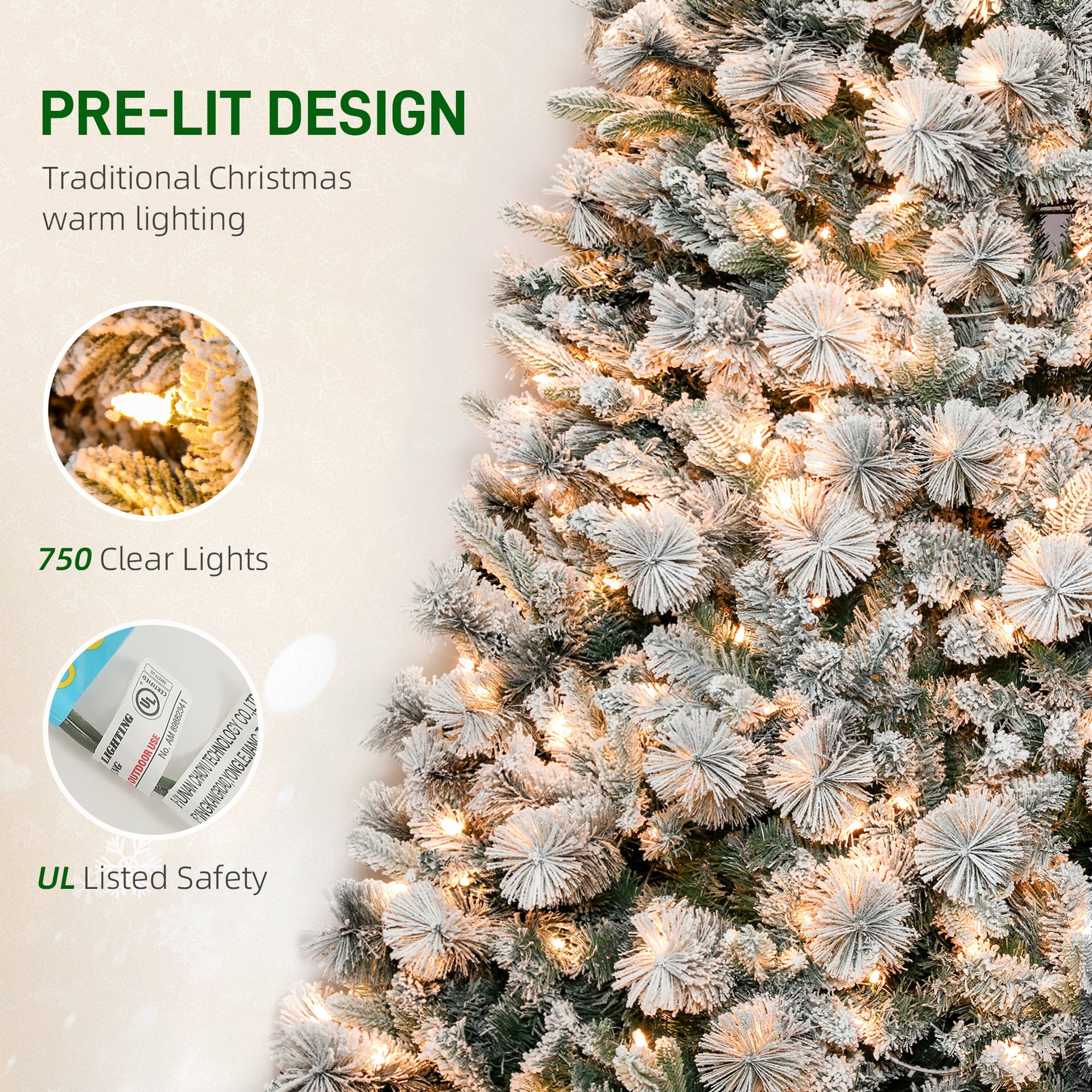 HOMCOM 9 ft Prelit Flocked Artificial Christmas Tree with 750 Clear Lights, 2387 Tips, Metal Stand for Home Office Holiday
