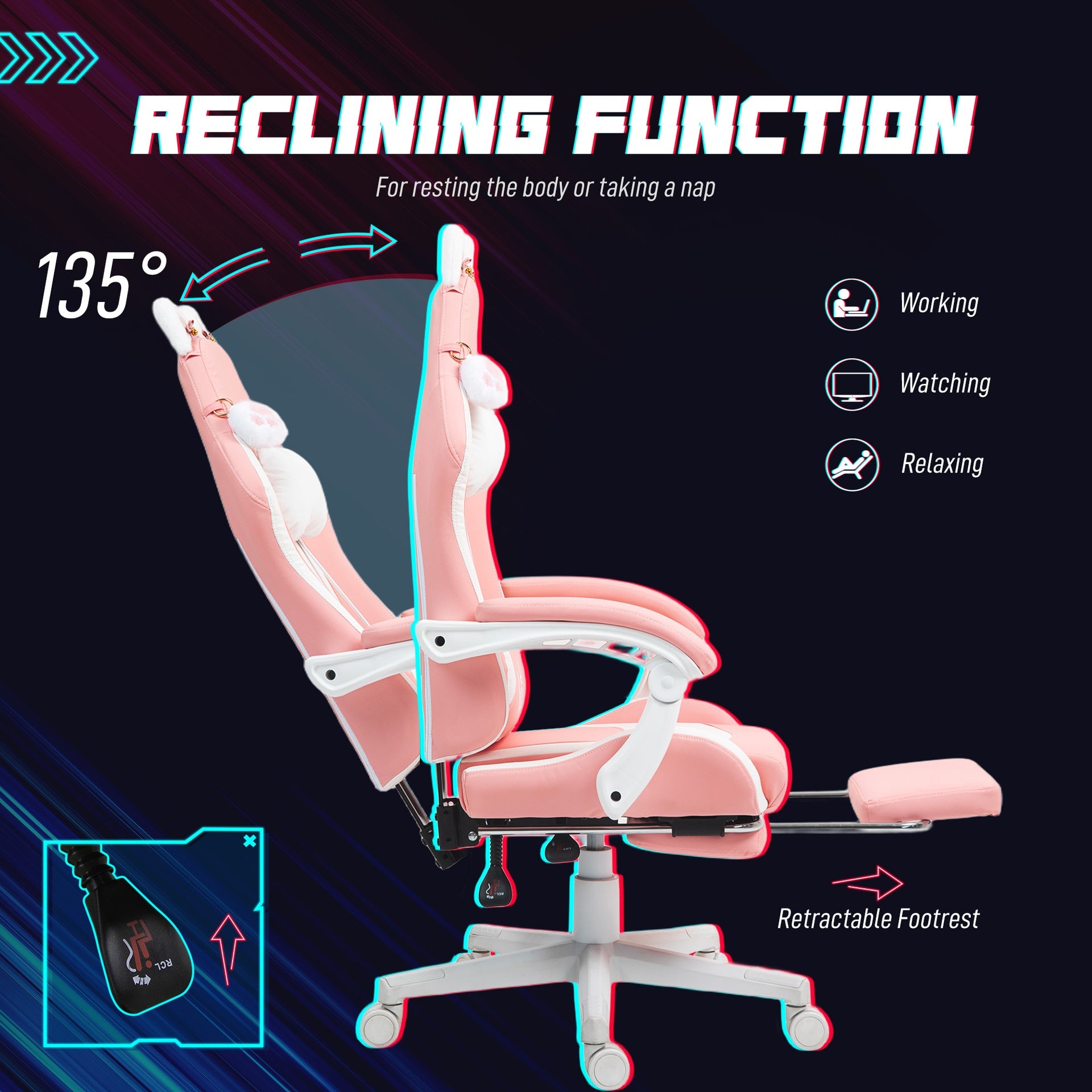HOMCOM Cute Racing Gamer Chair, Faux Leather Gaming Chair with Footrest, Headrest and Lumbar Support, Pink