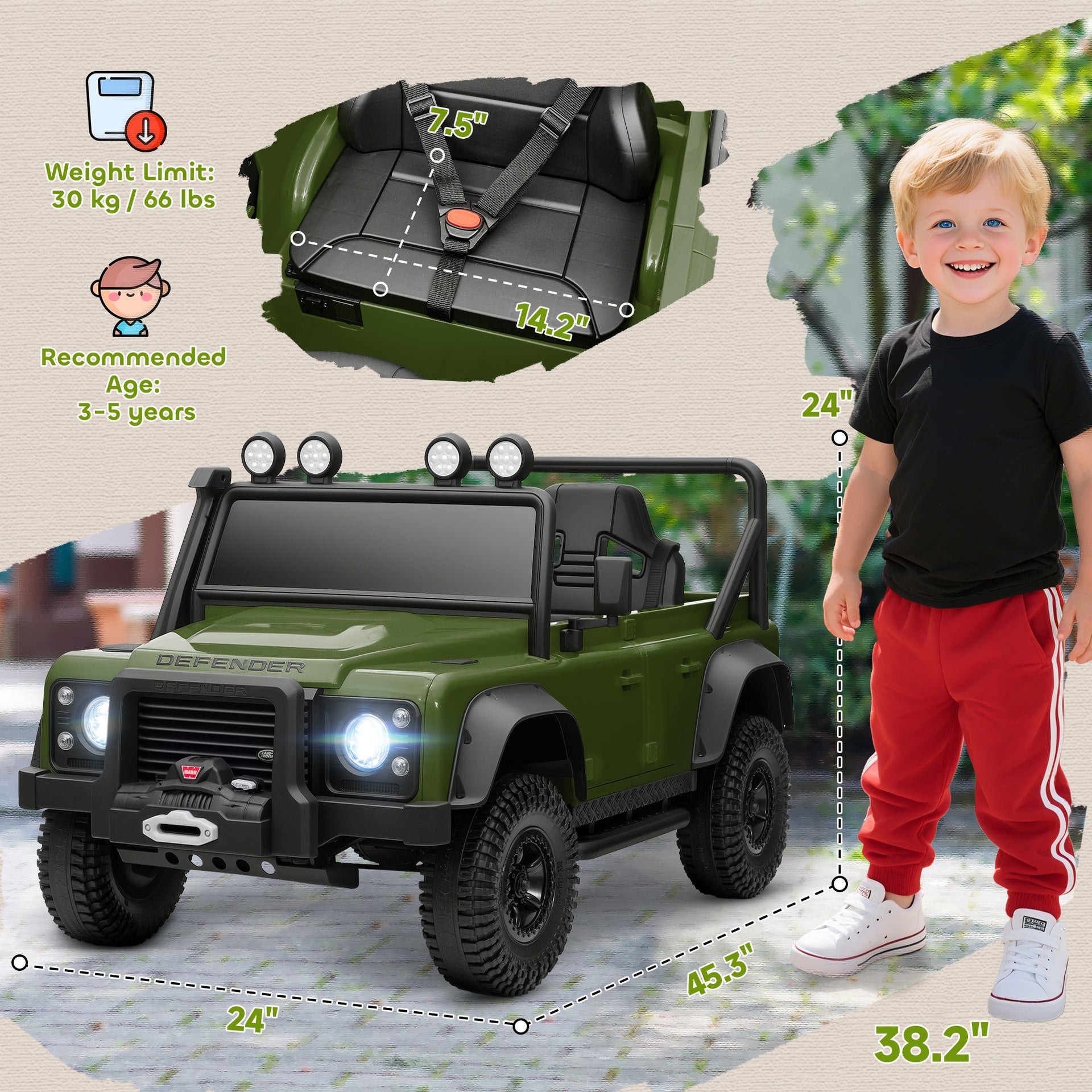 Qaba Land Rover Licensed Electric Car for Kids with Remote Control, Dual Motors, Spring Suspension, LED Lights, Dark Green
