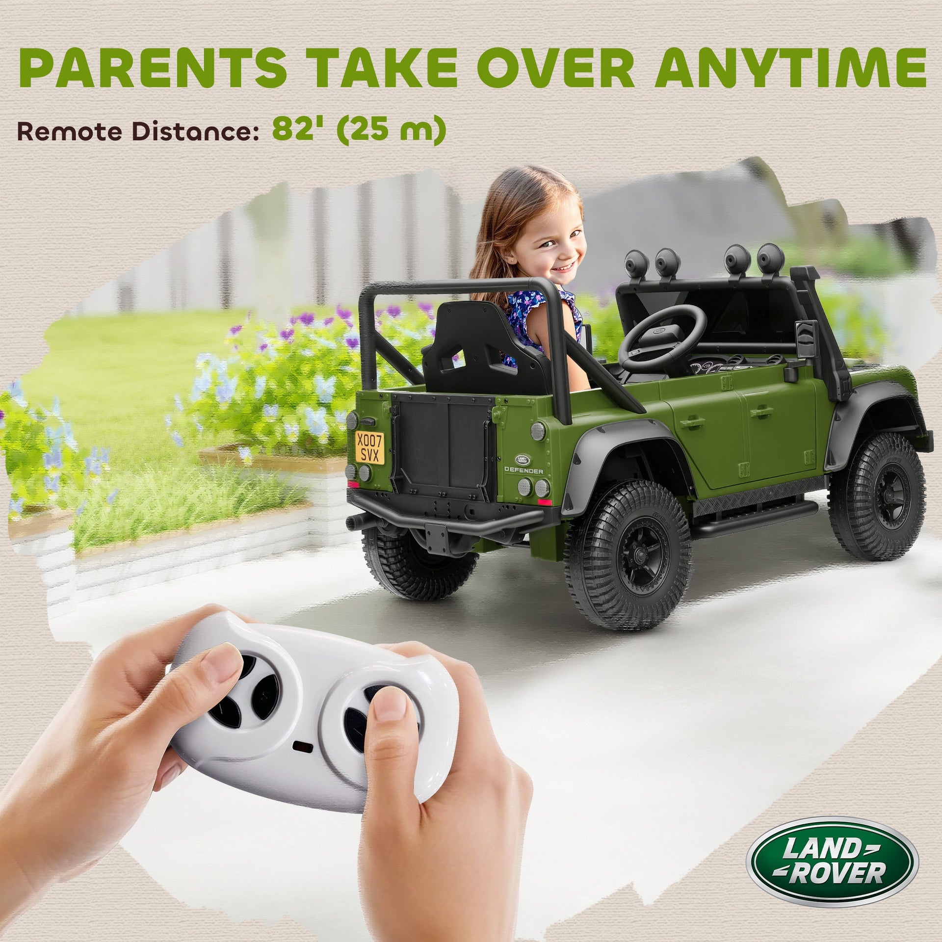 Qaba Land Rover Licensed Electric Car for Kids with Remote Control, Dual Motors, Spring Suspension, LED Lights, Dark Green