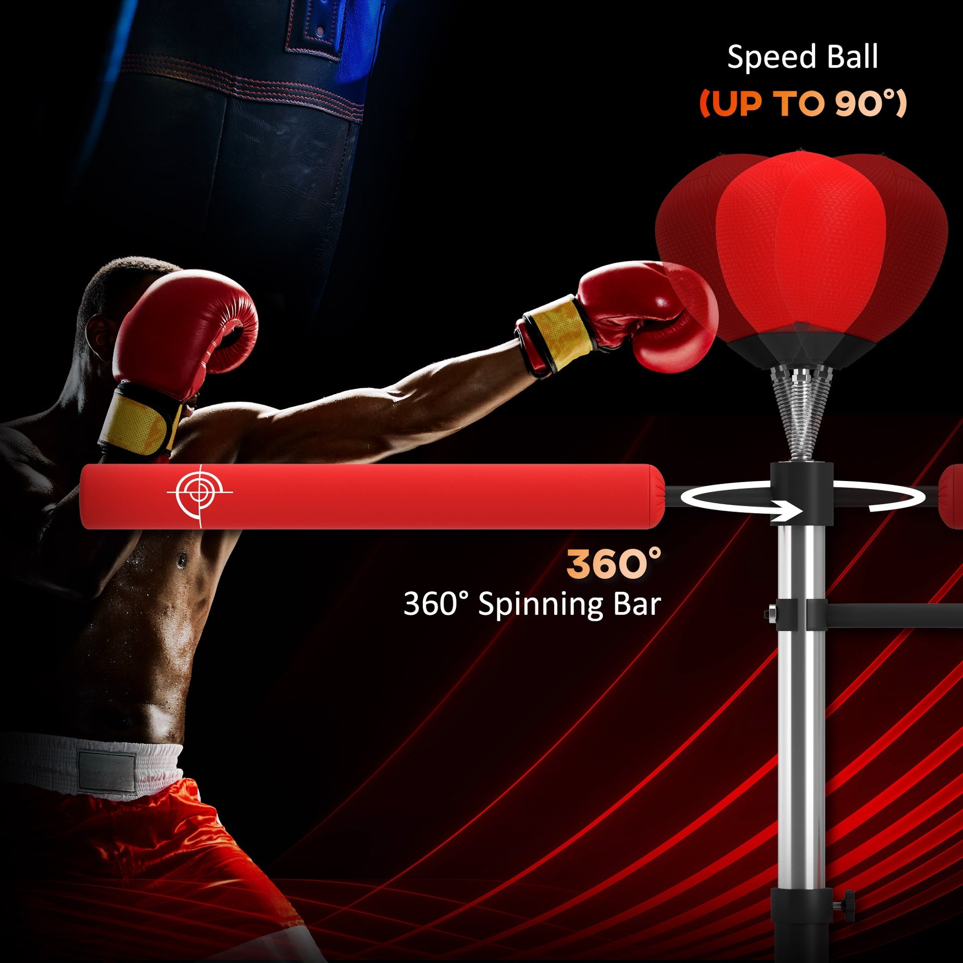 Soozier 4-in-1 Boxing Punching Bag Stand with 2 Speedballs, 360° Relax Bar, & PU-Wrapped Bag & Adjustable Height, Red