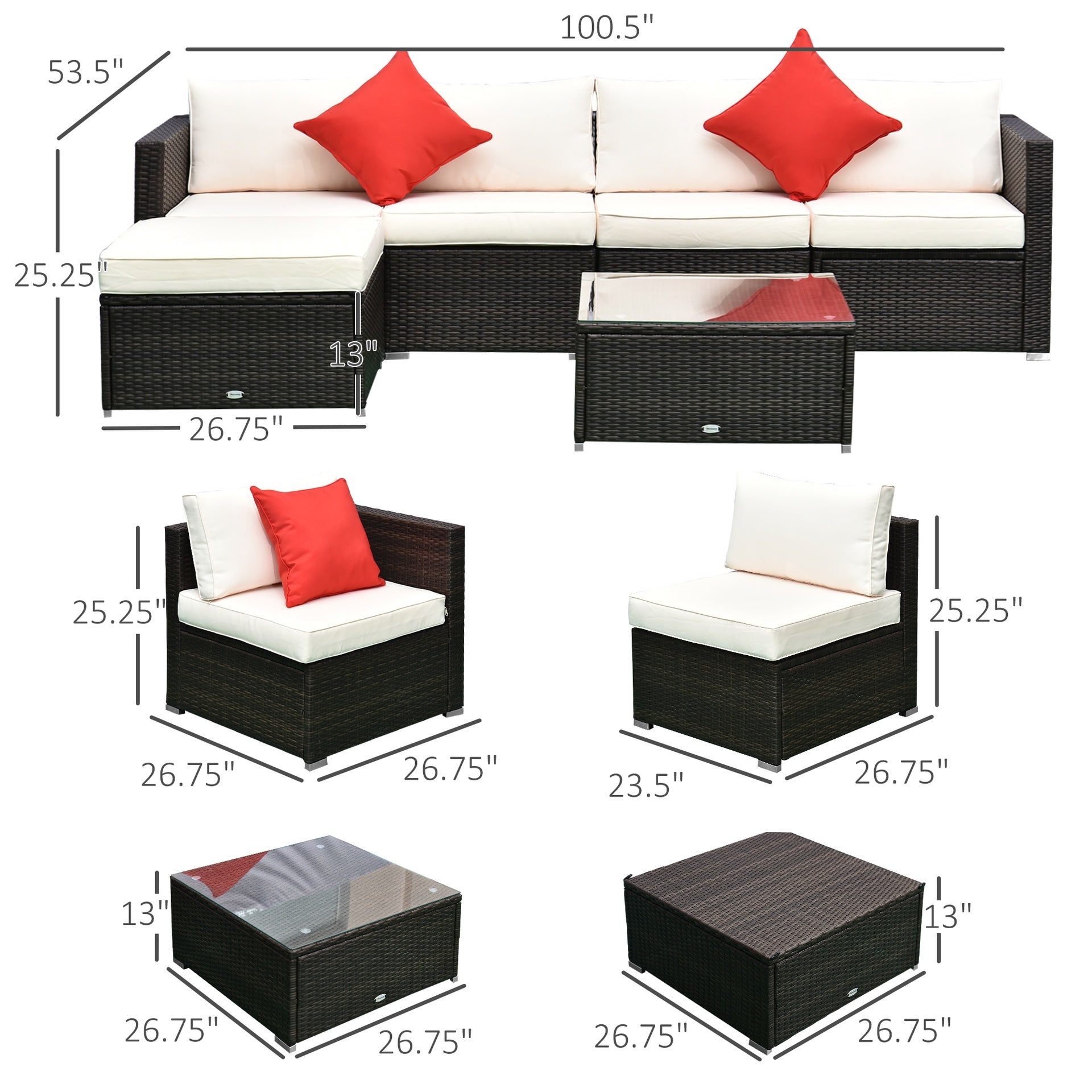 Outsunny 6 Piece Patio Furniture Set Outdoor Wicker Conversation Set All Weather PE Rattan Sectional Sofa Set with Ottoman, Cushions and Tempered Glass Table, Mixed Brown and Cream White