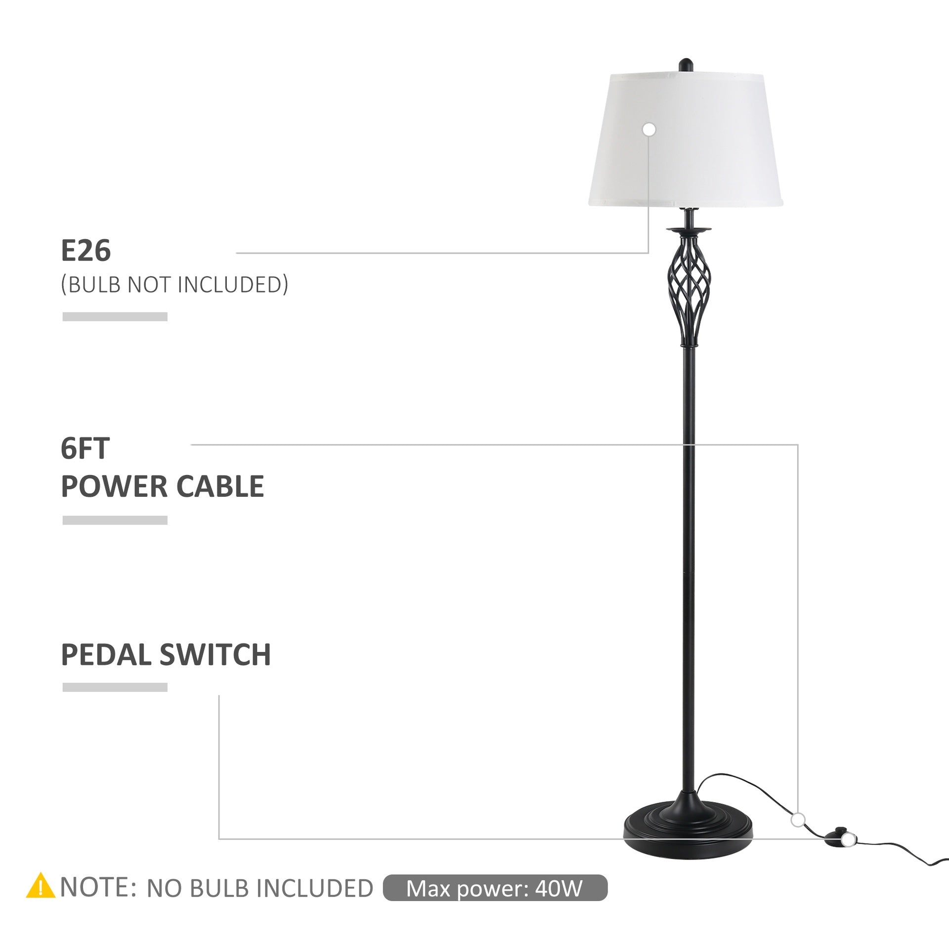 HOMCOM 3 Piece Table Floor Lamp Set with Metal Pole, Round Base, and Fabric Lampshade, for Living Room, Black/White