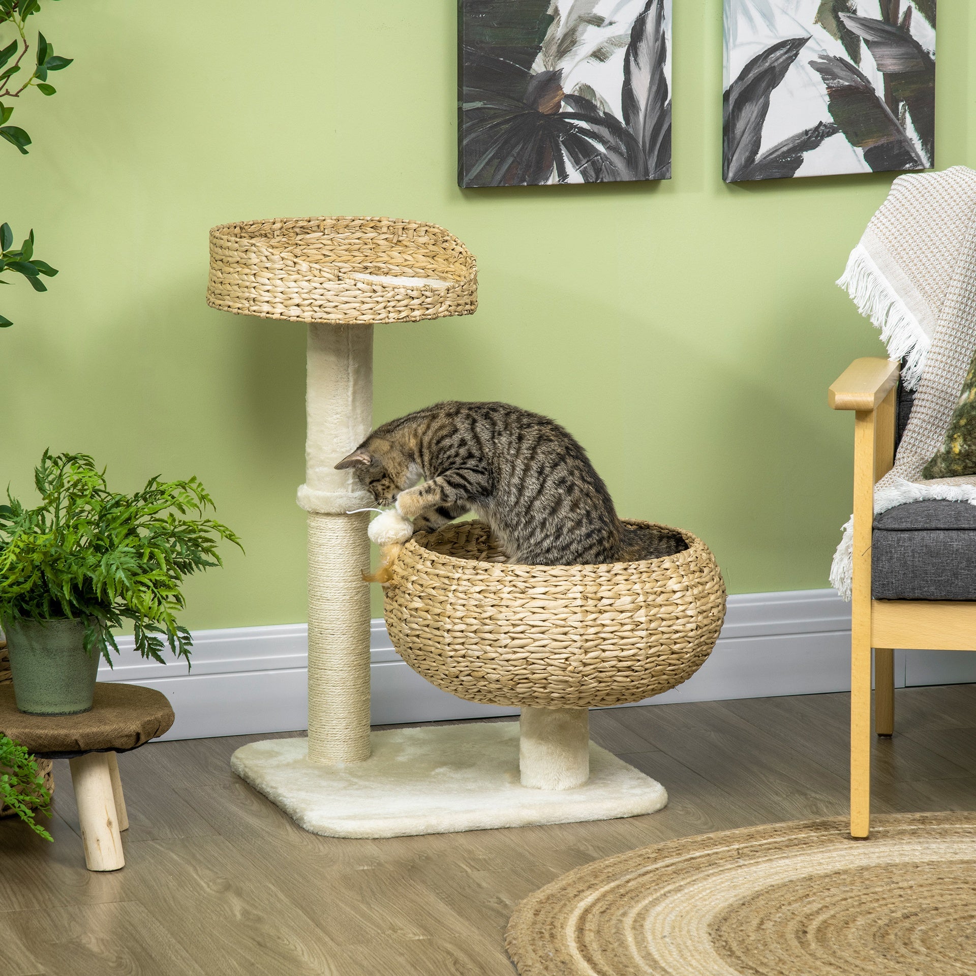PawHut 28" Elevated Cat Bed with Sisal Scratching Post for Indoor Kitties, Modern Cat Tree with Cute Basket Design, Small Cat Tree with Fun Ball Toy
