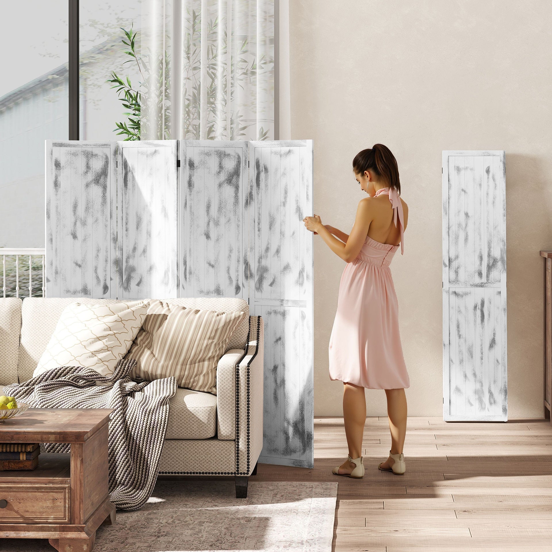 HOMCOM Screen Divider Room Divider Screen with Foldable Design for Indoor Bedroom Office 5.5' Rustic White