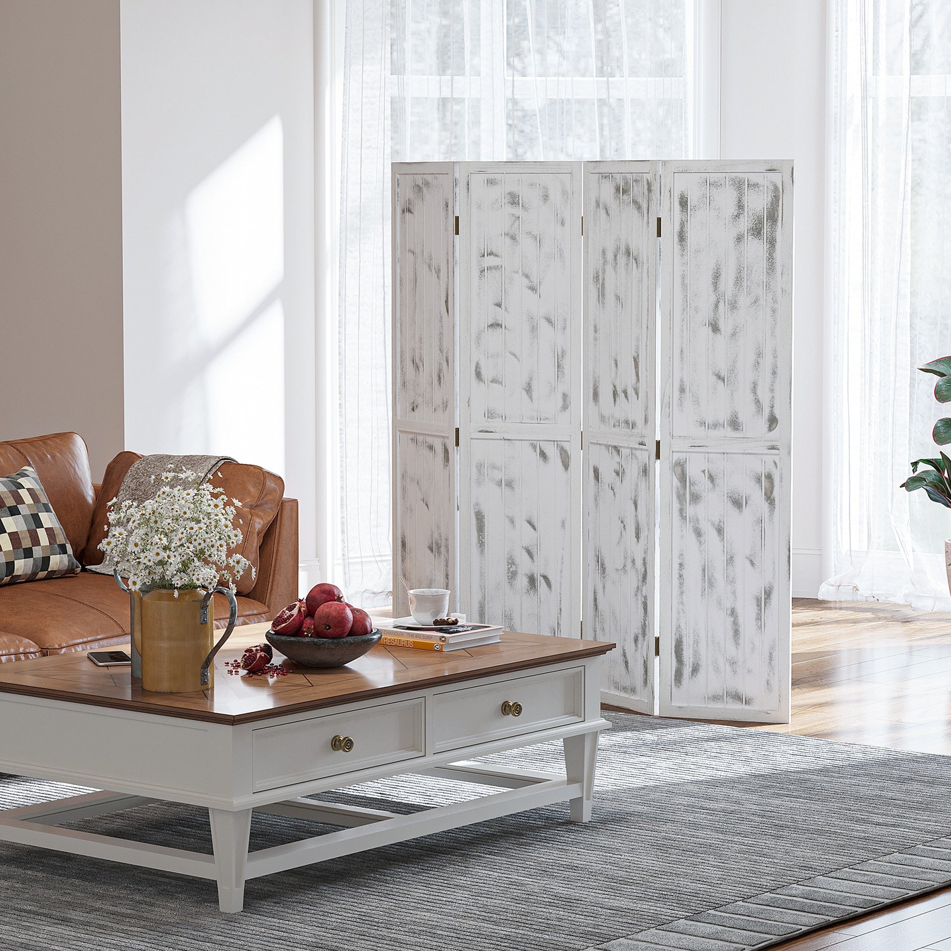 HOMCOM Screen Divider Room Divider Screen with Foldable Design for Indoor Bedroom Office 5.5' Rustic White
