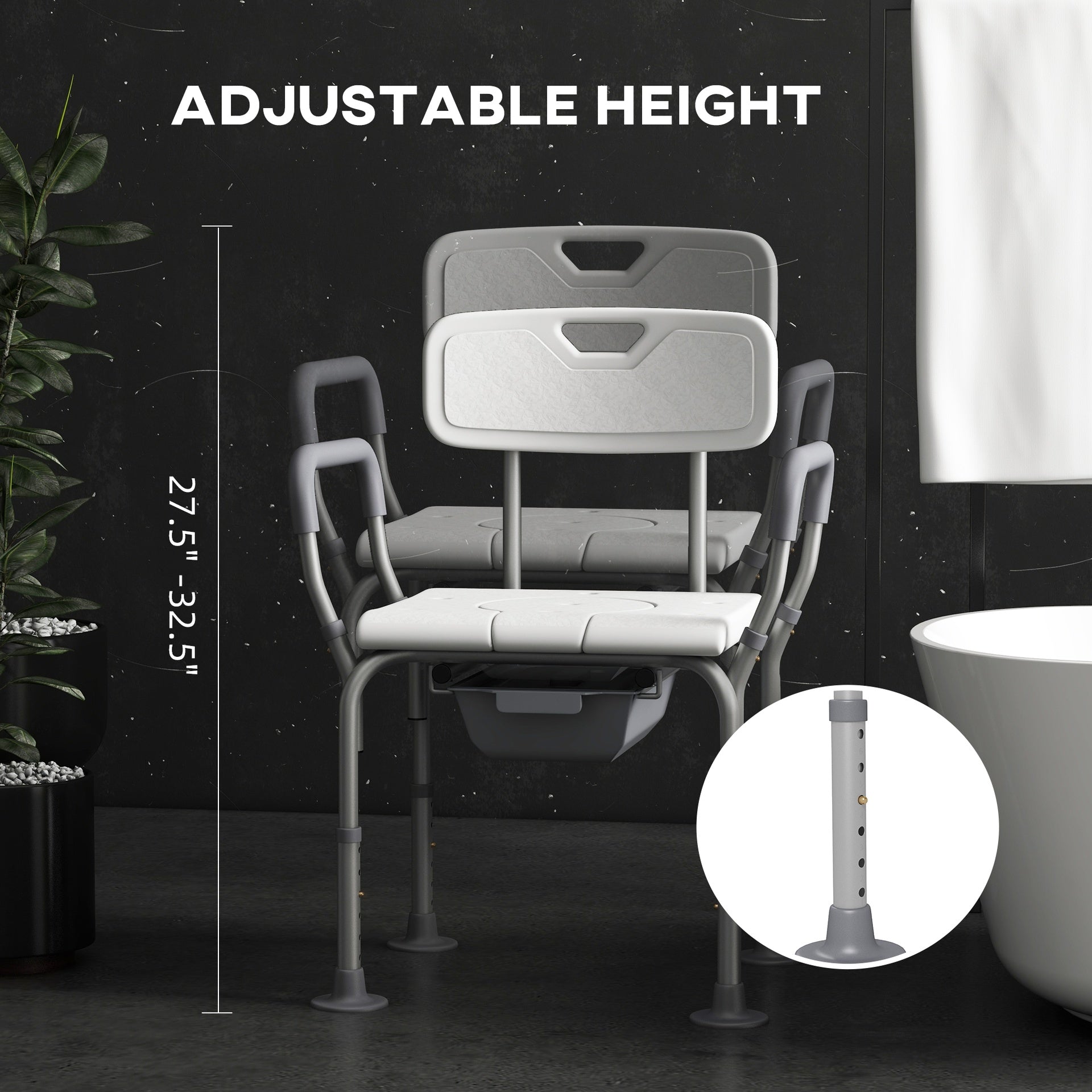 HOMCOM 3-in-1 Shower Chair with Back and Arms, Height Adjustable Bedside Commode, Raised Toilet Seat with Non-Slip Rubber Foot Pad for Seniors, Disabled, White