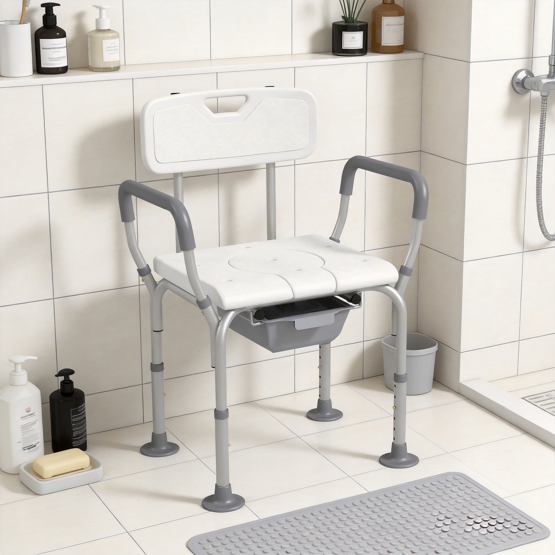 HOMCOM 3-in-1 Shower Chair with Back and Arms, Height Adjustable Bedside Commode, Raised Toilet Seat with Non-Slip Rubber Foot Pad for Seniors, Disabled, White
