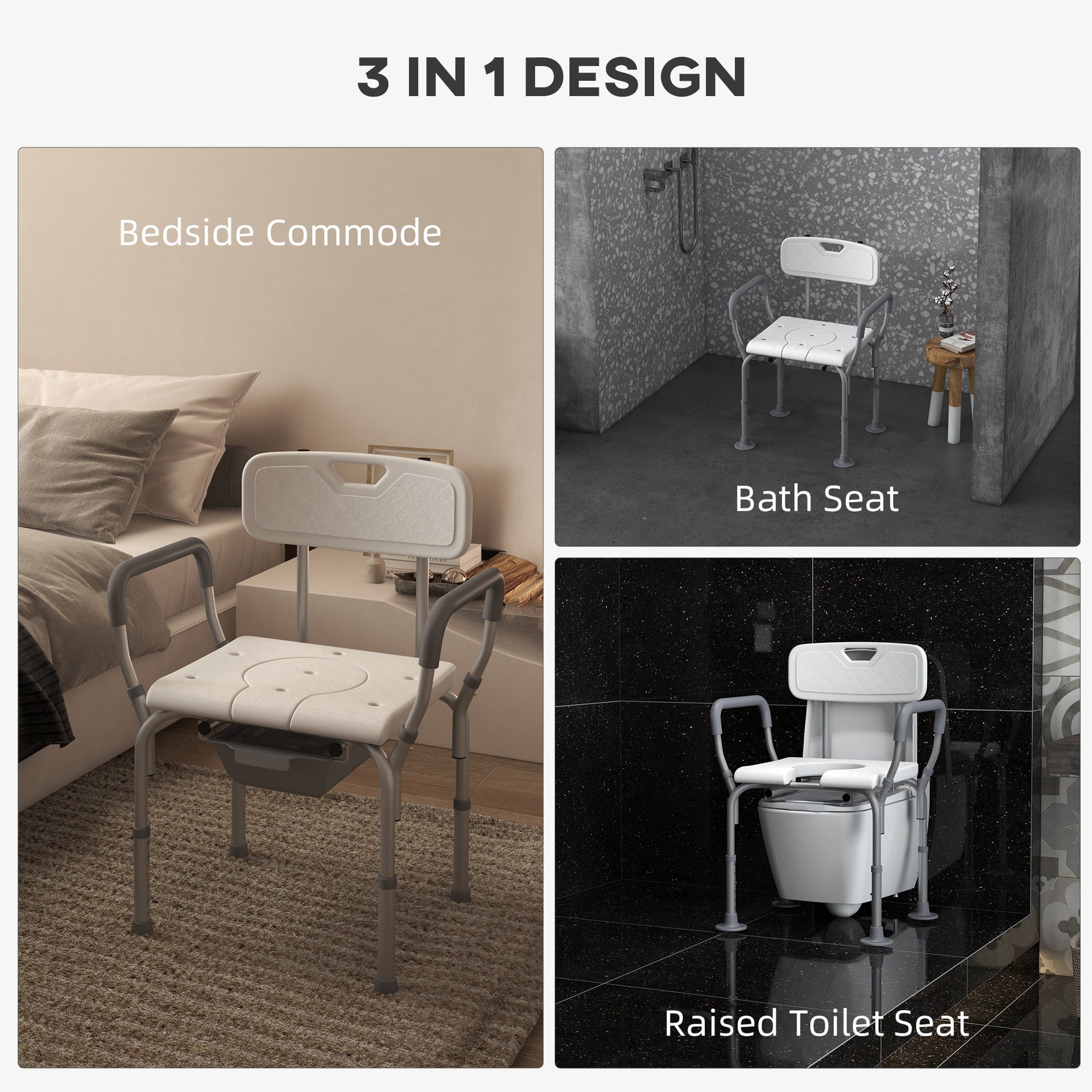HOMCOM 3-in-1 Shower Chair with Back and Arms, Height Adjustable Bedside Commode, Raised Toilet Seat with Non-Slip Rubber Foot Pad for Seniors, Disabled, White