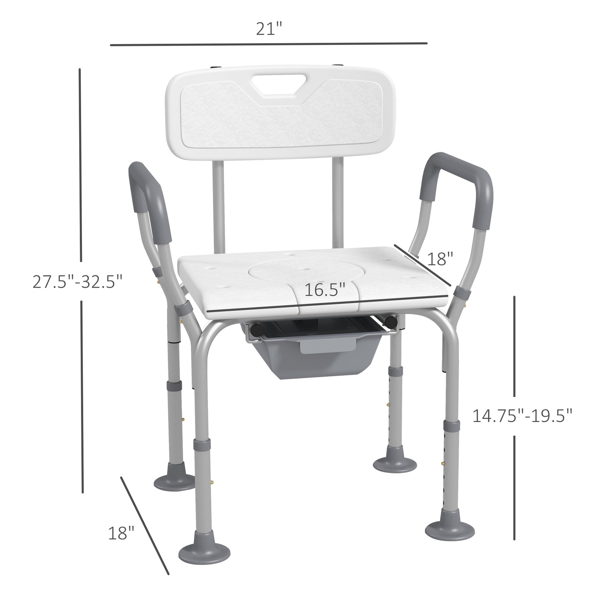 HOMCOM 3-in-1 Shower Chair with Back and Arms, Height Adjustable Bedside Commode, Raised Toilet Seat with Non-Slip Rubber Foot Pad for Seniors, Disabled, White